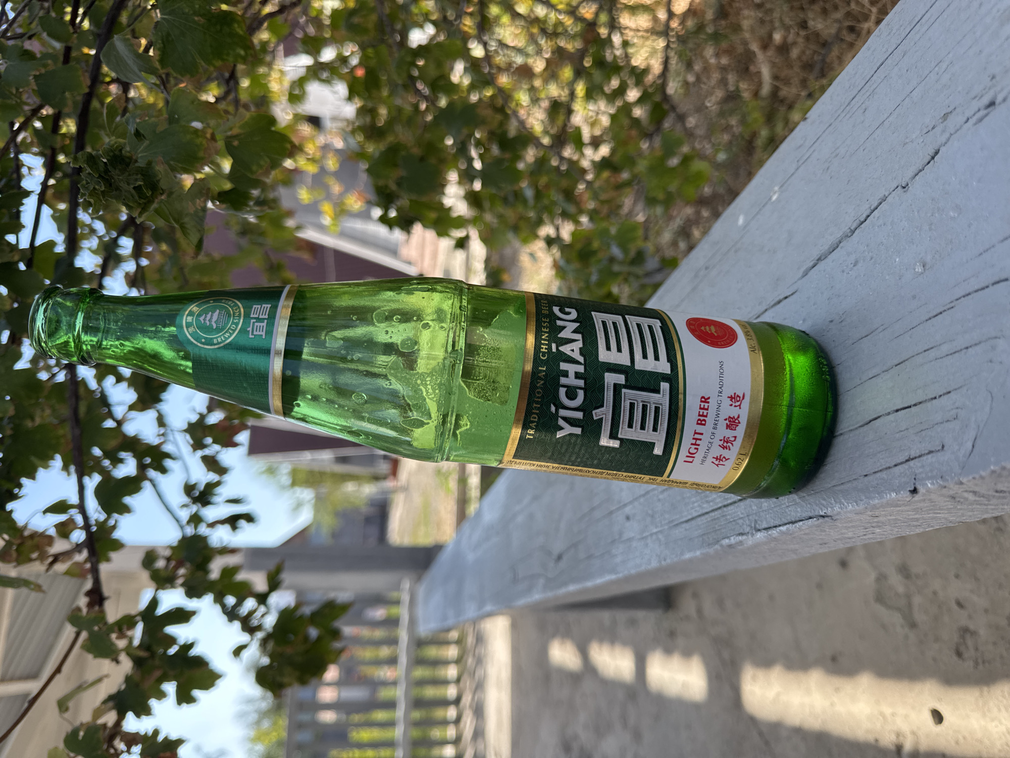 A green glass bottle of Yichang Light Beer rests on a weathered, light gray wooden bench. The bottle is tilted, with its neck facing upwards and to the left. The label on the bottle features Chinese characters and the text "TRADITIONAL CHINESE BEER YICHANG". Below this, it states "LIGHT BEER HERITAGE OF BREWING TRADITIONS" and "传统酿造" (Traditional Brewing) in Chinese. The volume is indicated as "0.62 L" and the alcohol content as "Alc. 3.8% vol". The bench appears to be outdoors, situated in a location with scattered vegetation and trees in the background, suggesting a park or an outdoor seating area. The lighting indicates it is daytime, with shadows cast on the ground to the left of the bench. The overall impression is a still life scene of a beverage bottle in an outdoor, possibly rural or suburban, setting. The scene does not depict any people or specific landmarks that would confirm its location in Zharbulak, Kazakhstan.