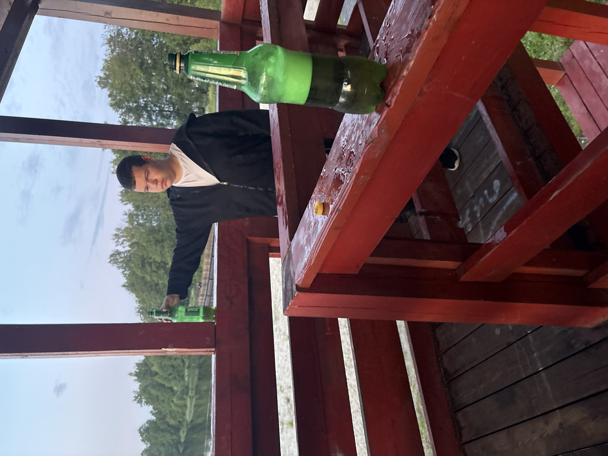 The image depicts an outdoor scene on a wooden platform, likely a gazebo or deck, with a view of trees and water in the background. The structure is painted red, and the floor is made of dark wooden planks. In the foreground, a green plastic bottle with a foamy, bright green liquid is prominently displayed on the railing. A yellow bottle cap is visible nearby. A young person, wearing a black zip-up jacket over a white t-shirt, stands to the left, holding another green bottle. The sky is overcast, suggesting it may be dusk or a cloudy day. The overall atmosphere appears casual and relaxed.