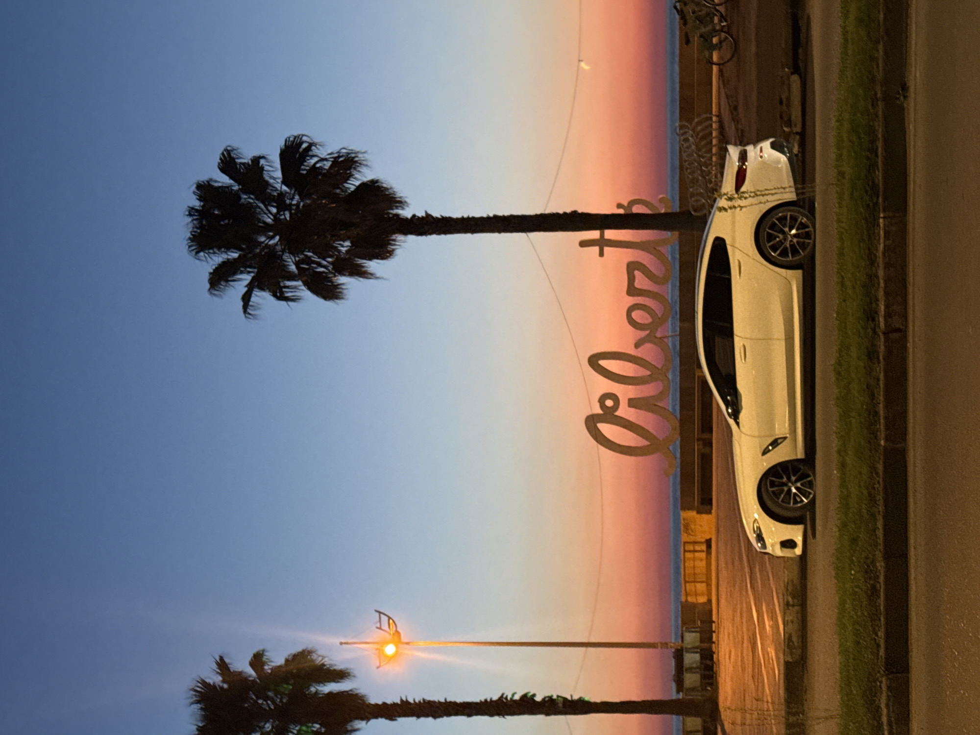 The image shows an outdoor scene at dusk in Batumi, Georgia. A white car is parked on the side of the road near a sidewalk with grass. A large metal sign with the word "liberti" is visible. Palm trees are in the foreground and background, silhouetted against a sunset sky. A street lamp is also visible.