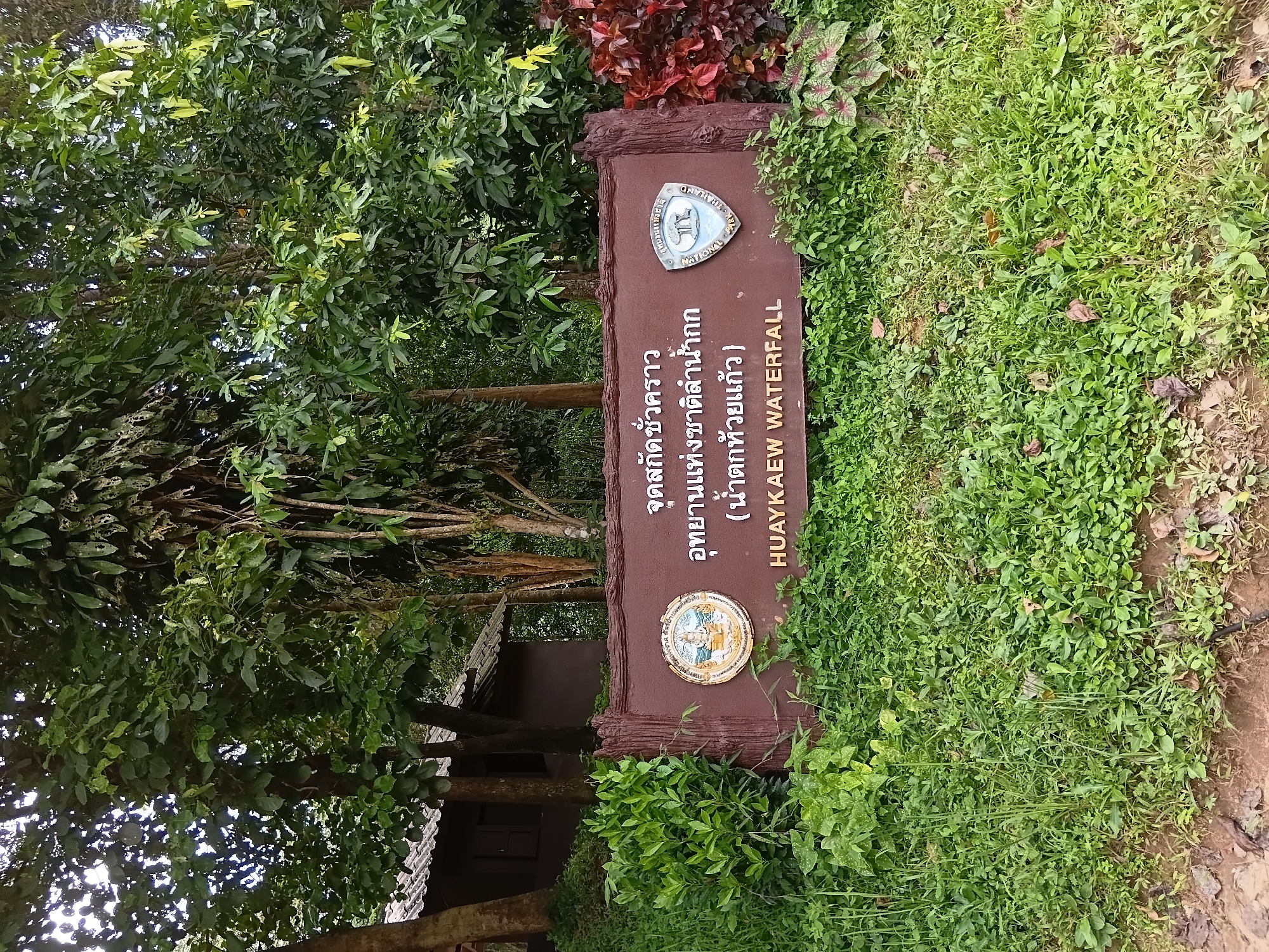 The image depicts a brown wooden sign with Thai and English text, placed in front of a lush green, overgrown grassy area with trees and a small building in the background. The sign has two circular emblems on it, one on the left and one on the right. The text on the sign translates to "Huaykaew Waterfall." The building in the background appears to be a small, simple structure with a dark roof. The environment is dense with foliage, suggesting a natural or park-like setting. The image does not contain any people. The location is specified as Ban Pong Pham Phatthana, Thailand.