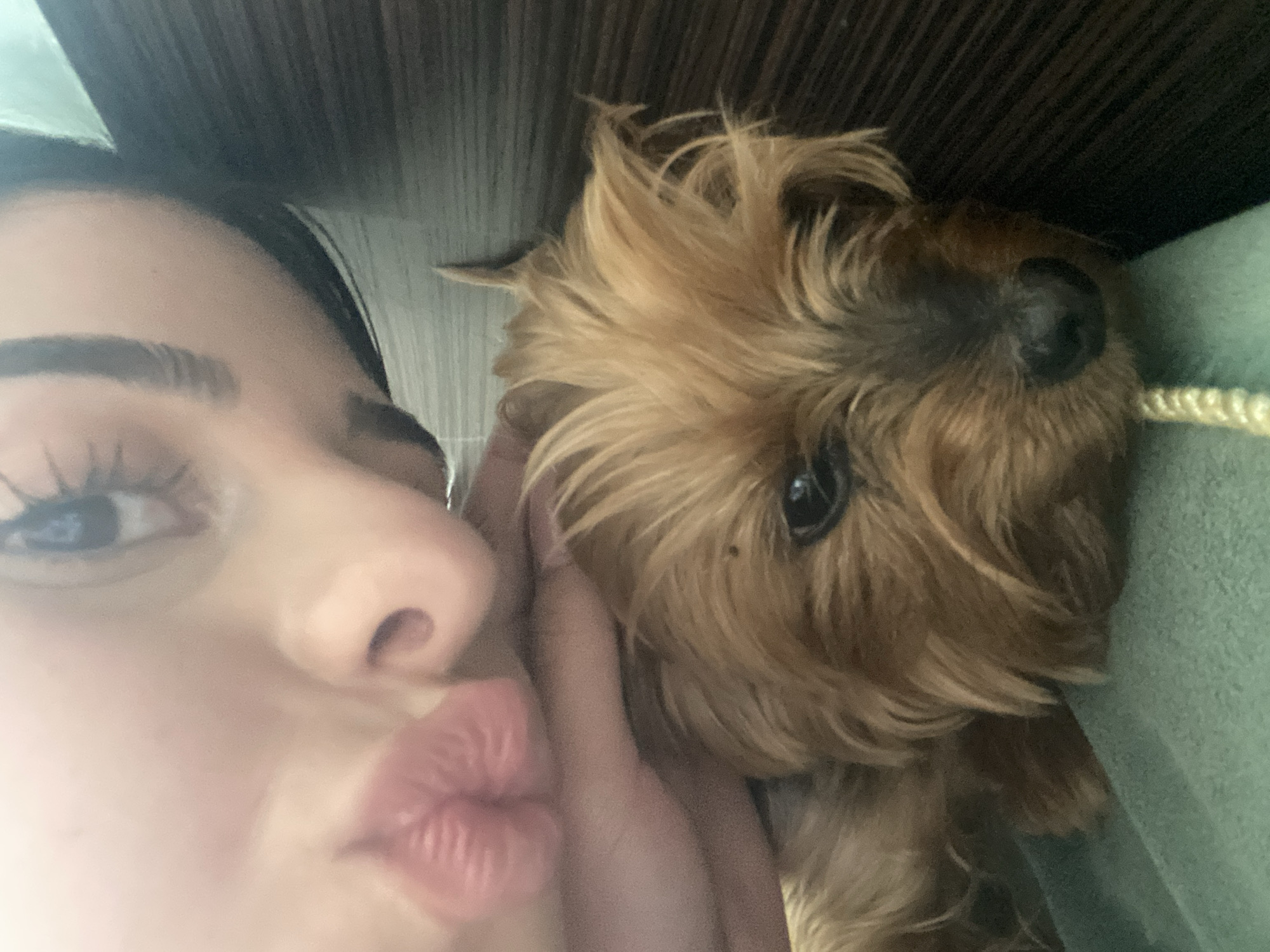A close-up image captures a person and a dog. The person, likely female, is positioned on the left side of the frame, her face partially visible, with puckered lips and one eye clearly visible. Her hand touches the dog. The dog, a small breed with tan and brown fur, is on the right side of the frame, with its face prominently displayed. The dog is looking directly at the camera. Behind the subjects, there is an undefined dark surface overhead, and a piece of light green fabric is visible. The photo appears to have been taken indoors and does not include elements to determine its location in Dragovishtitsa, Bulgaria.