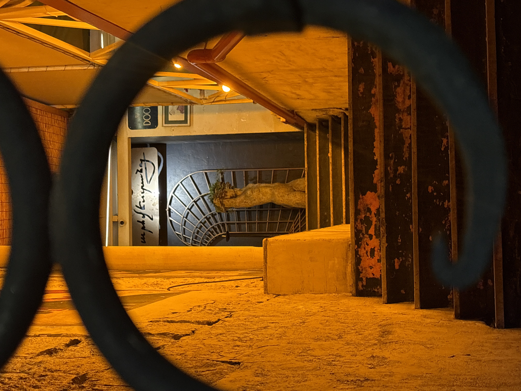 The image shows a partially obscured view through a dark, curved metal fence. The scene is bathed in a strong yellow light. In the background, there is a partially visible interior with a wall with some signs on it (including one that says DOOR), metal grid, and a stone wall. The foreground is textured ground, with a vertical row of dark metal bars on the right side of the view. The exact location of the image is unknown, other than Yerevan, Armenia.