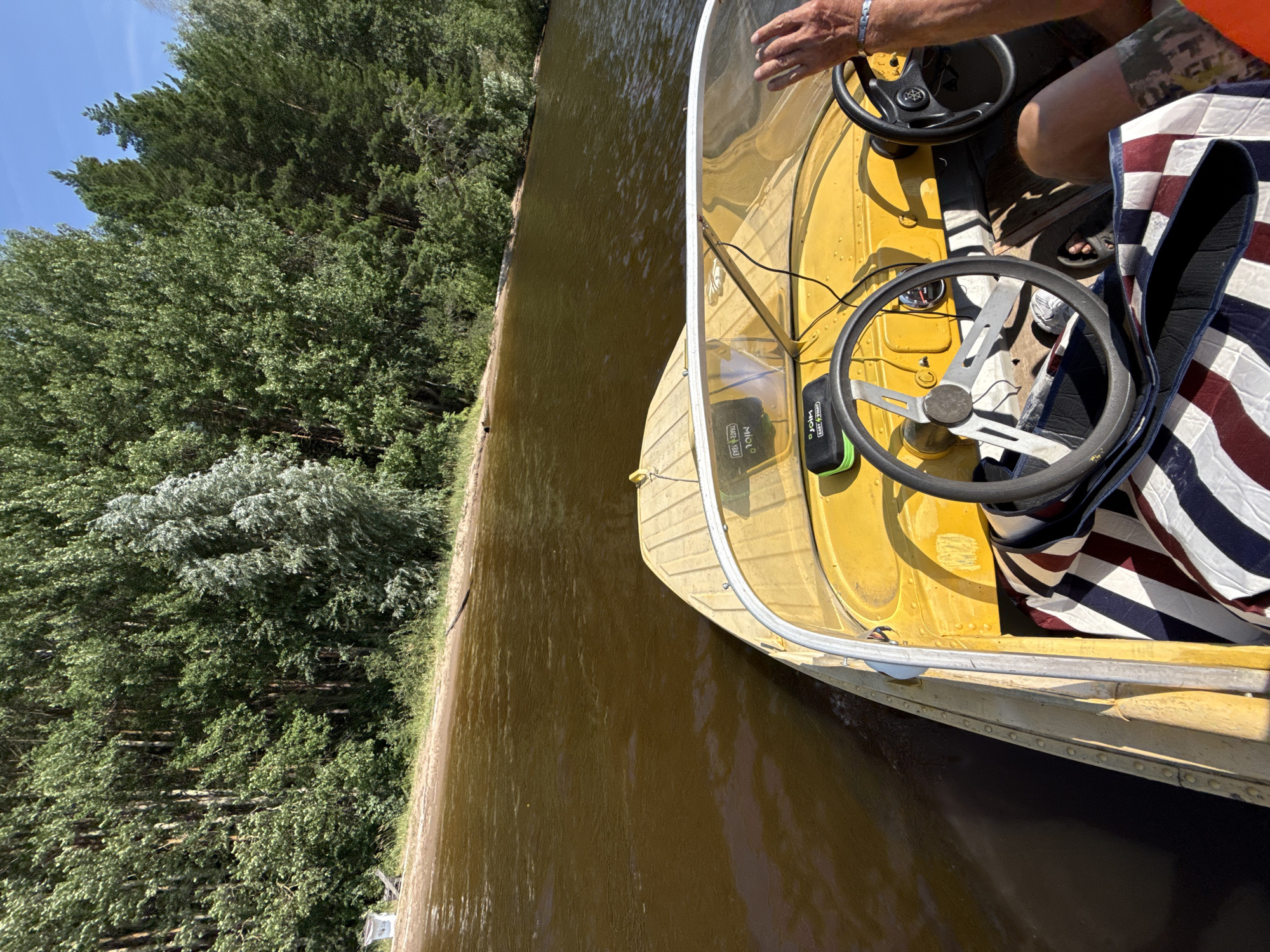 An aerial, wide-angle, first-person perspective shows a yellow motorboat navigating a dark brown body of water. The boat's bow points towards the center of the frame, with the shoreline and a dense forest visible in the background. The shoreline is characterized by a sandy beach with sparse vegetation. The forest consists of a variety of deciduous and coniferous trees, with a clear blue sky overhead. The interior of the boat is visible, including two steering wheels, a dashboard with a speedometer, and a person's arm and hand, suggesting they are steering or operating the boat. A striped cushion is visible on the seat. The image appears to be taken on a sunny day. The location is likely a natural setting, possibly a river or lake, near Chaikovsky, Russia, given the presence of dense forest and a waterway typical of the region.