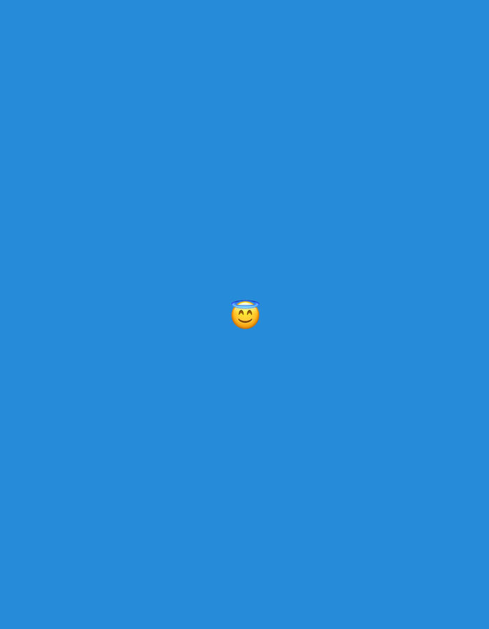 A smiling emoji with a halo is centered on a bright blue background. The emoji is depicted as a yellow circle with two smiling eyes and an open smile. A golden halo is positioned above its head, indicating a saintly or angelic demeanor. There are no other objects or people visible in the image. The scene does not depict any identifiable location within the city of Moscow, Russia.