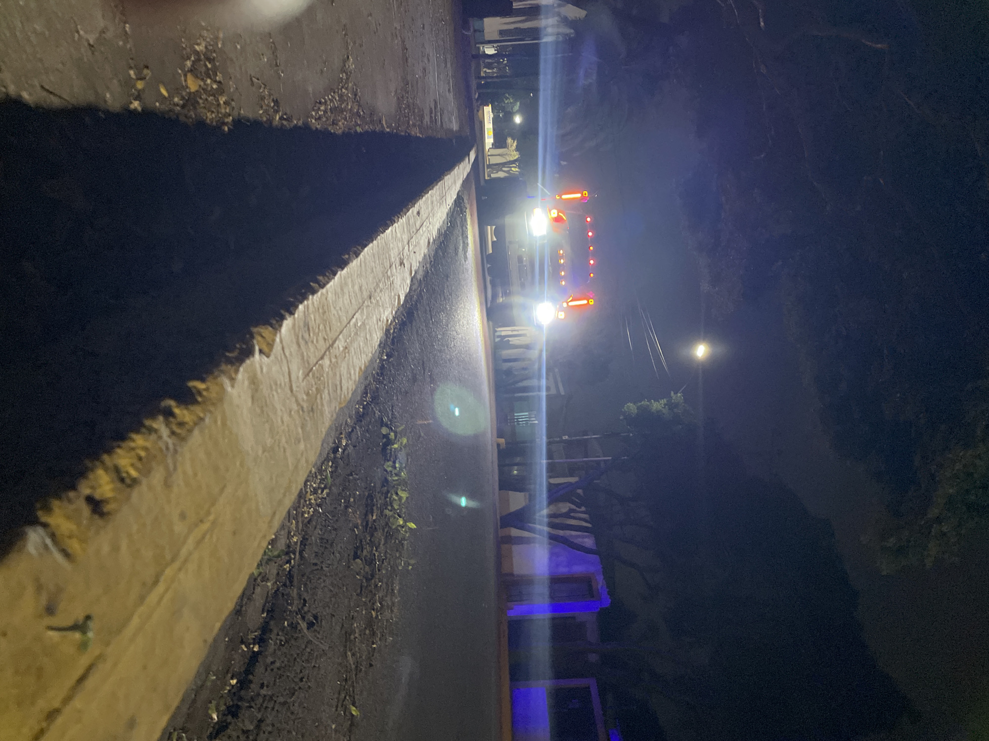The image depicts a nighttime scene in Tacarigua, Venezuela, captured from a low, tilted perspective looking down a road. The primary subject is a large vehicle, likely a truck, brightly illuminated by its headlights and numerous amber/red marker lights, positioned towards the center-right of the frame.
A distinct yellow and white painted curb or road divider runs diagonally across the foreground on the left, separating the paved road from a darker, possibly unpaved area strewn with small debris and foliage. On the right side of the road, in the mid-ground, several structures with windows are visible, some emitting a distinctive blue light. Further down the road on the right, a street light adds to the artificial illumination.
Dark, indistinct trees and foliage line both sides of the road and fill the background, emphasizing the darkness of the night. The bright vehicle lights create prominent lens flares, adding to the visual effect. The overall scene is characterized by the stark contrast between intense artificial light sources and the surrounding darkness. No discernible text is visible on any objects or signs within the image.