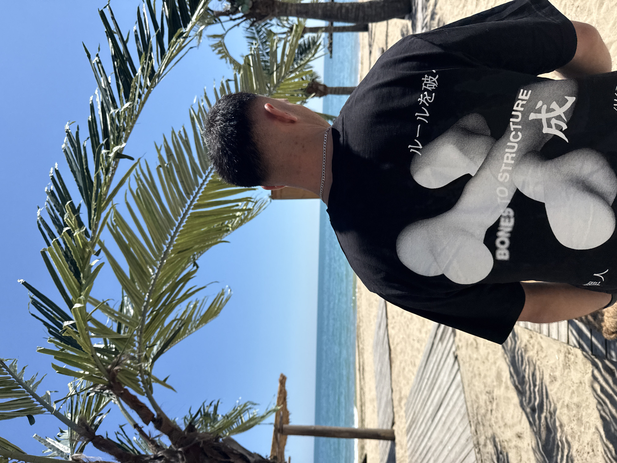 Here is a detailed description of the image:
**People:** The image prominently features a person from behind, wearing a black t-shirt with a white bone design, and text, in what appears to be Asian languages. They have short, dark hair and are wearing a silver chain necklace.
**Location:** The setting appears to be on a beach, close to the coastline, which implies this may be located in Varna, Bulgaria. The beach has light-colored sand and the water is a blue-green color.
**Environment:** The image is set on a sunny day with a clear blue sky. Palm trees are seen to the left, adding a tropical feel. A wooden boardwalk is present, leading to the beach.
**Objects:** Besides the person's clothing, there are natural elements such as palm trees, sand, and the ocean. Additional wooden structures (possibly part of a beach setup) can be seen in the background.
**Interactions/Actions:** It is difficult to discern any specific action or interaction as the person is seen only from the rear. The person seems to be looking towards the sea.