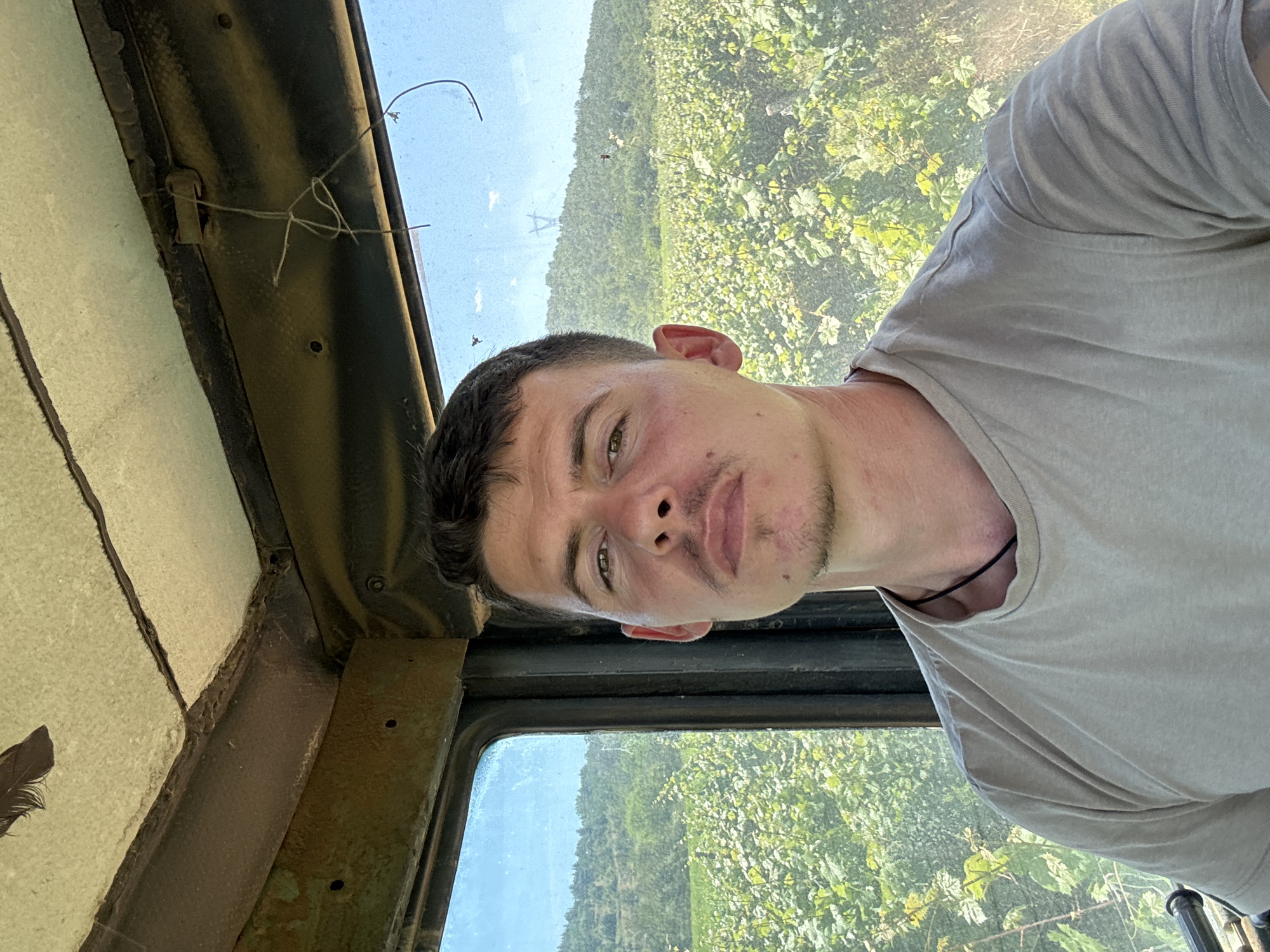 A man is taking a selfie inside the cab of a tractor. He is wearing a light brown t-shirt and a black necklace. The tractor cab is worn and appears to be made of metal with some insulation on the ceiling. Outside the window, a vineyard stretches out with green vines and trees on a distant hillside. The sky is blue with a few clouds and a power line is visible in the distance. The man is looking directly at the camera with a neutral expression. It is daytime and sunny. The location is the city of Prolom, Bulgaria.