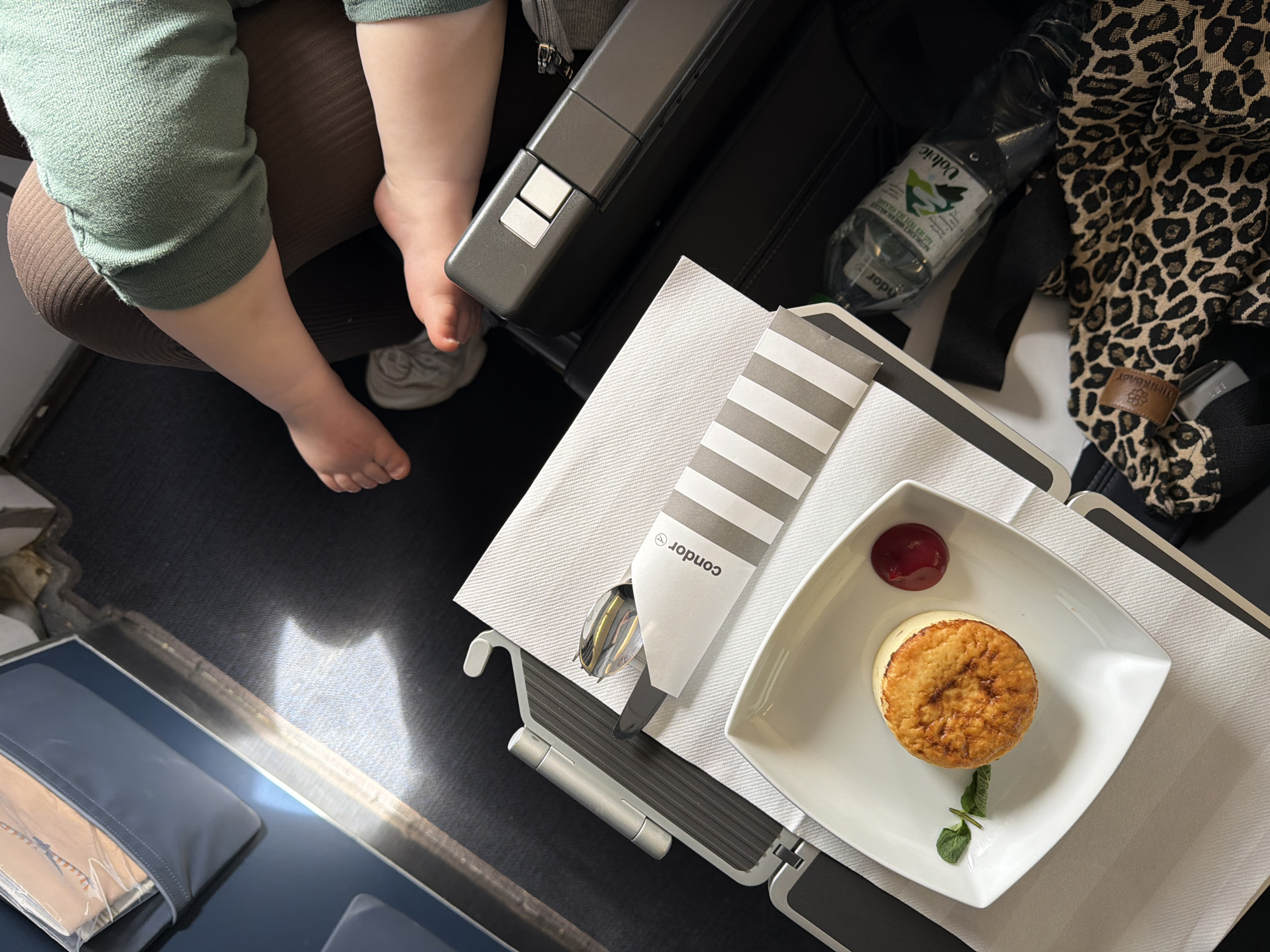 The image shows a tray table on an airplane. On the table is a white square plate with a circular dessert topped with a red sauce and a sprig of mint. Next to the plate is a cutlery set in a paper sleeve marked with the word "condor."
To the left of the tray table is a child’s legs. The child is wearing green pants and gray socks. The location is an airplane cabin, not Walldorf, Germany.