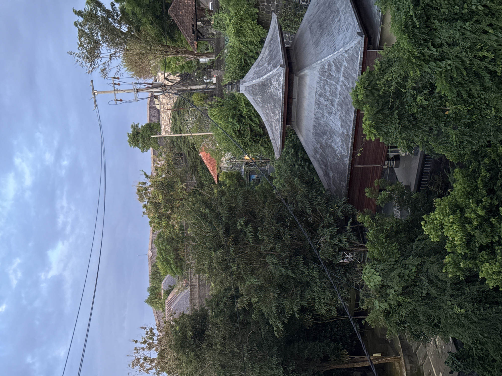 The image depicts an outdoor scene, likely in a residential area, characterized by lush greenery and architectural structures. The focus is on a building with a multi-tiered gray roof, possibly a temple or a traditional Balinese house, partially obscured by trees and vegetation. A wooden structure is adjacent to the roof.
A utility pole with wires runs through the upper part of the frame. Other buildings with orange and gray roofs are visible in the distance amidst the dense foliage, suggesting a village setting.
The sky is overcast, providing soft, diffused light. The image composition suggests the shot was taken from an elevated perspective.
The location is Kuta Selatan, Indonesia.