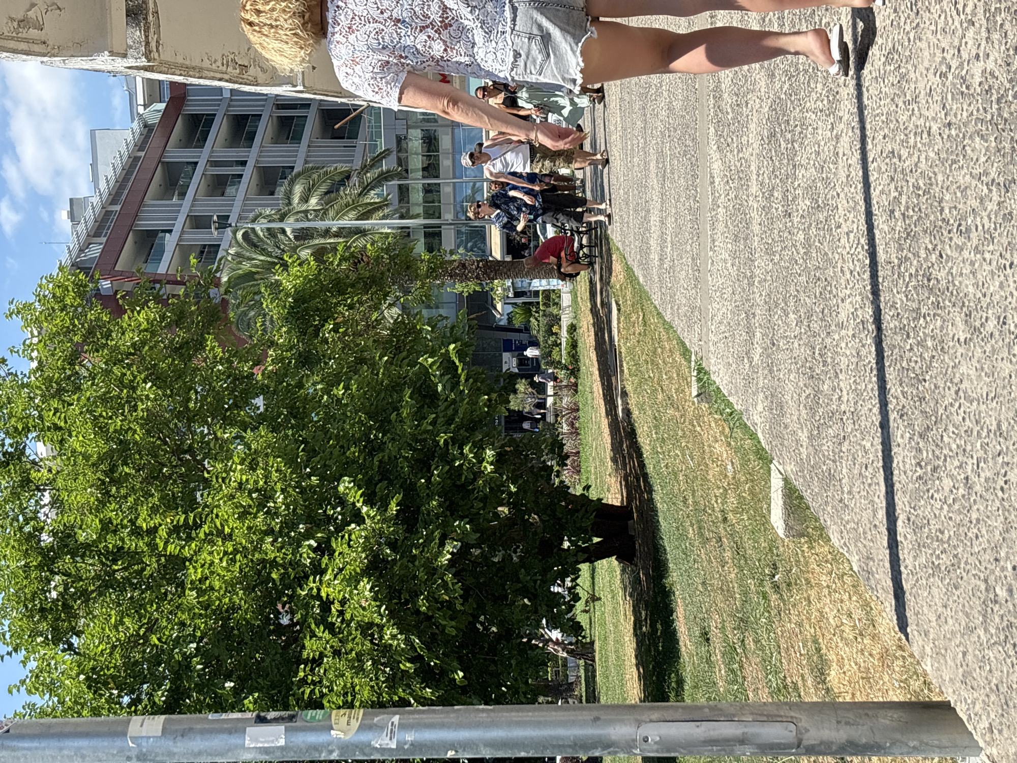 The image captures a sunny day scene on a paved walkway in Budva, Montenegro. A person, seen from the back, with blonde curly hair is walking away from the camera, wearing a white lace top and denim shorts. In the background, several other individuals are walking along the same path. One man is wearing a white tank top and camouflage shorts, while another wears a dark patterned shirt and black shorts. A man in a red shirt is seated on a bench to the left. A lush green tree is prominently featured on the left side of the image, with a modern multi-story building visible behind it. Palm trees and other greenery are also present, indicating an outdoor urban environment. The walkway is made of a textured grey material, and a metal pole stands to the far left. The sky is bright blue with scattered clouds.