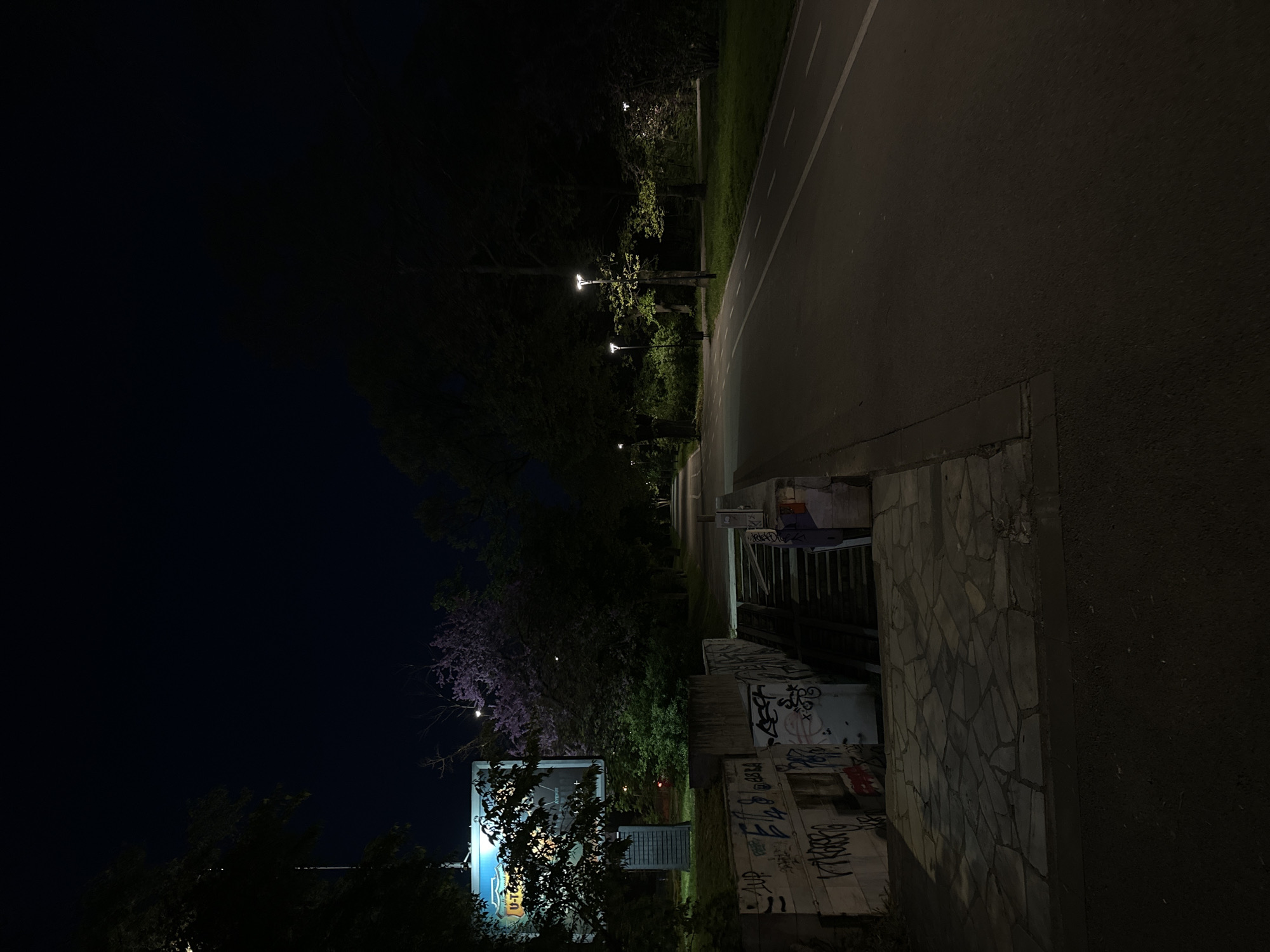 The image depicts a nighttime scene in Varna, Bulgaria. The location is near an underpass with graffiti-covered walls, close to a street lined with trees and lampposts. A brightly lit billboard is visible in the foreground. A figure stands on the stairs of the underpass. The street surface is dark asphalt with a white line marking the edge. The sky is mostly dark.