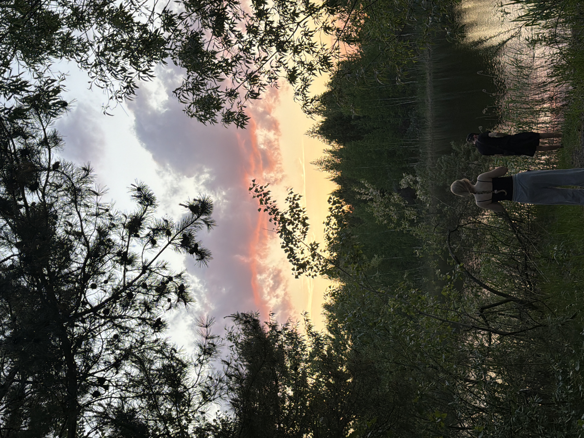 The image shows an outdoor scene near a body of water, possibly a lake or wide river, at sunset or twilight. The location is Novyi, Russia. The sky is partially obscured by trees but reveals a colorful sky with hues of orange, yellow, pink, and gray. Trees frame the scene, with dense foliage visible on either side. In the lower right portion of the image, two people are visible near the water's edge. One is a woman wearing a black top and light-colored pants. Another individual is standing next to her wearing all black.