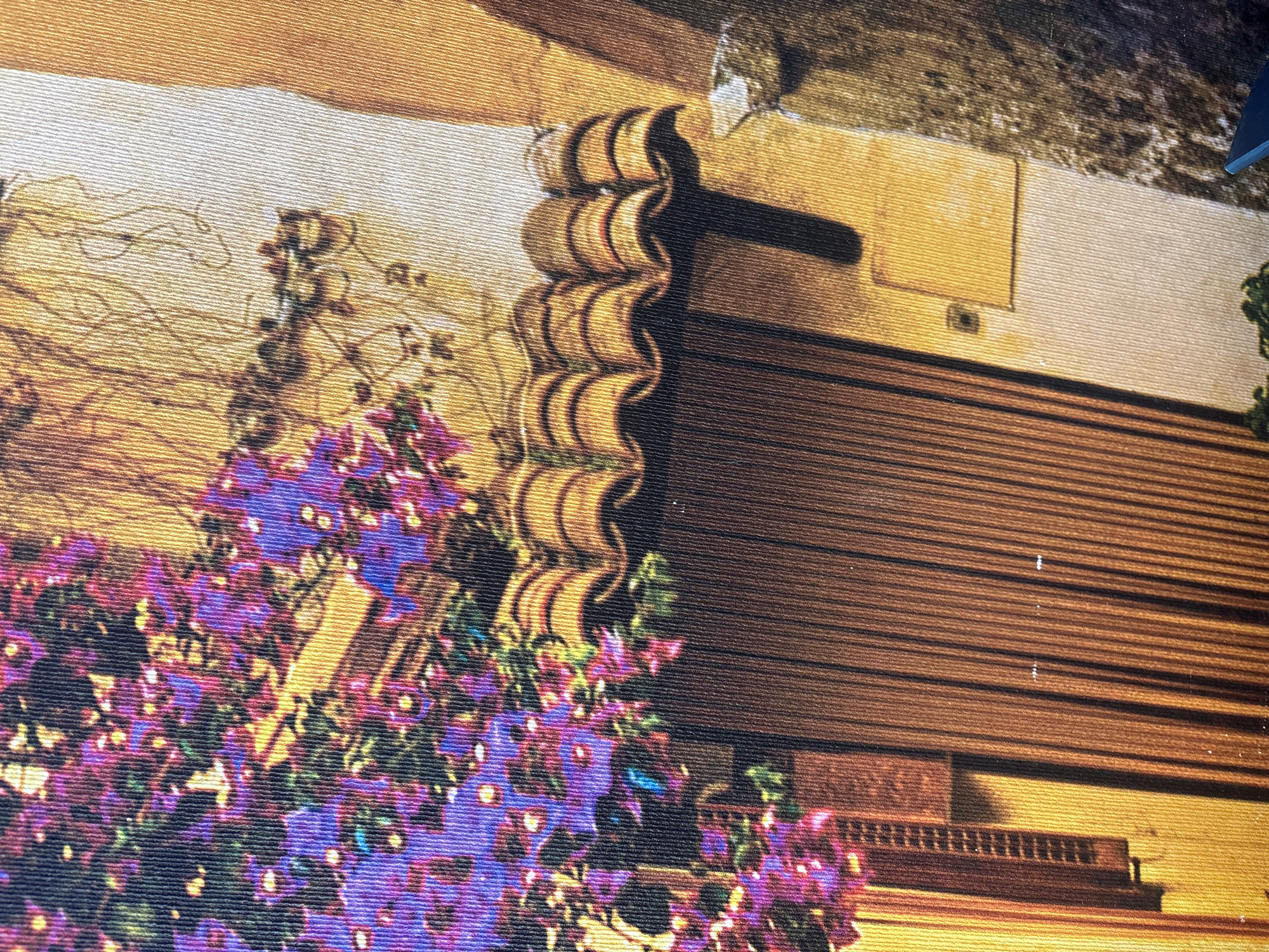 The image is a close-up, detailed view of a textured wall with a door and flowering vines. The wall is painted in warm, earthy tones, with sections of ochre, yellow, and a lighter cream color. A series of curved, terracotta roof tiles overhang the top of a wooden door. The door itself is made of vertical wooden planks, dark brown in color, with visible texture and grain. Lush green vines with vibrant purple and pink flowers cascade down from above, partially obscuring the wall and roof tiles. To the left of the door, a narrow, rectangular wooden object with visible vertical slats is attached to the wall. The overall impression is of an old, charming building, possibly in a Mediterranean or southern European setting, with vibrant flora adding a touch of color. There is no indication of the city of Georgiyevsk, Russia, in the image.
