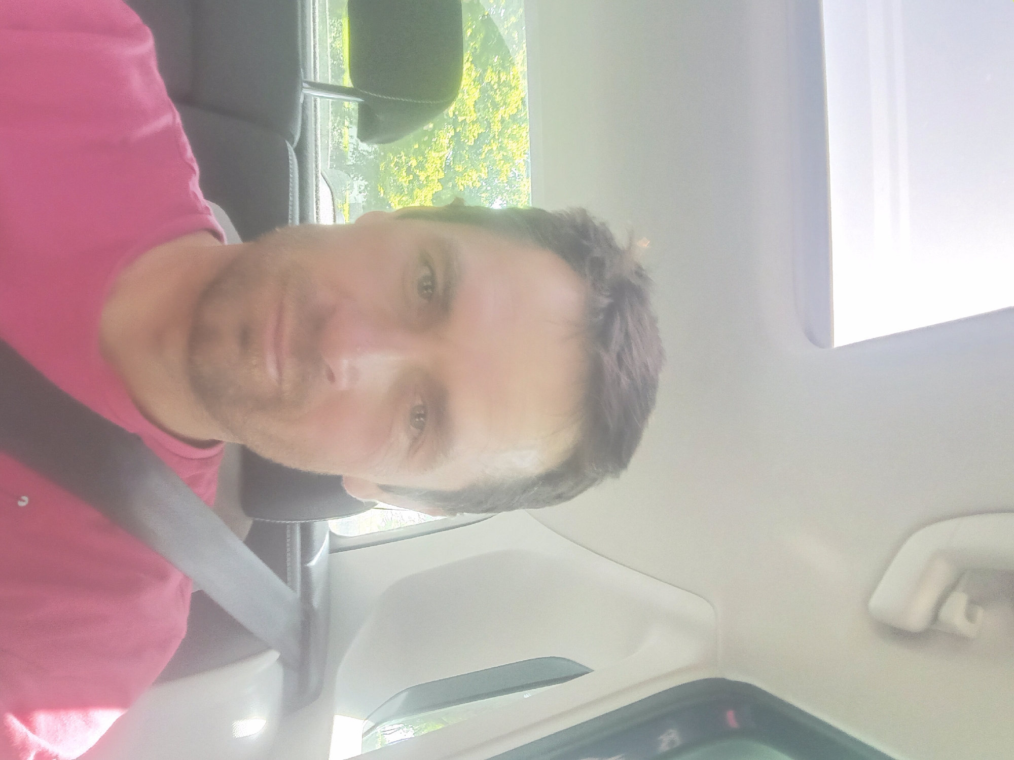 The image shows a person wearing a pink shirt and a seatbelt in the driver's seat of a car. The person is facing the camera. The car has a sunroof, and the background visible through the windows shows foliage. The location within the city of Unknown, Unknown is not identifiable from the image.