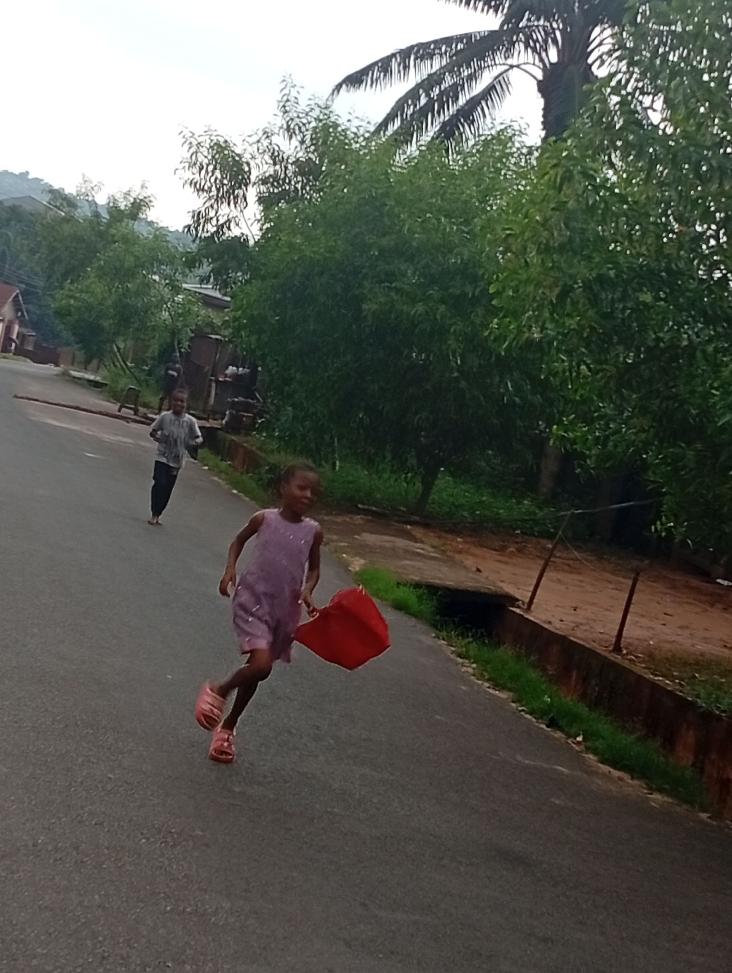 In Nsugbe, Nigeria, two children are captured in motion on a paved road. In the foreground, a young girl, wearing a purple sleeveless dress and pink sandals, runs towards the viewer, holding a red bag. To her left and further down the road, a young boy in a grey t-shirt and dark pants runs away from the viewer. The road is bordered by a concrete drainage channel on the right, lined with green grass and reddish-brown dirt. Beyond the drainage, vegetation and some structures are visible. The background features lush green trees, including a palm tree, against a bright, overcast sky. The overall scene depicts a casual moment of children playing or running on a street in a semi-urban, natural setting.