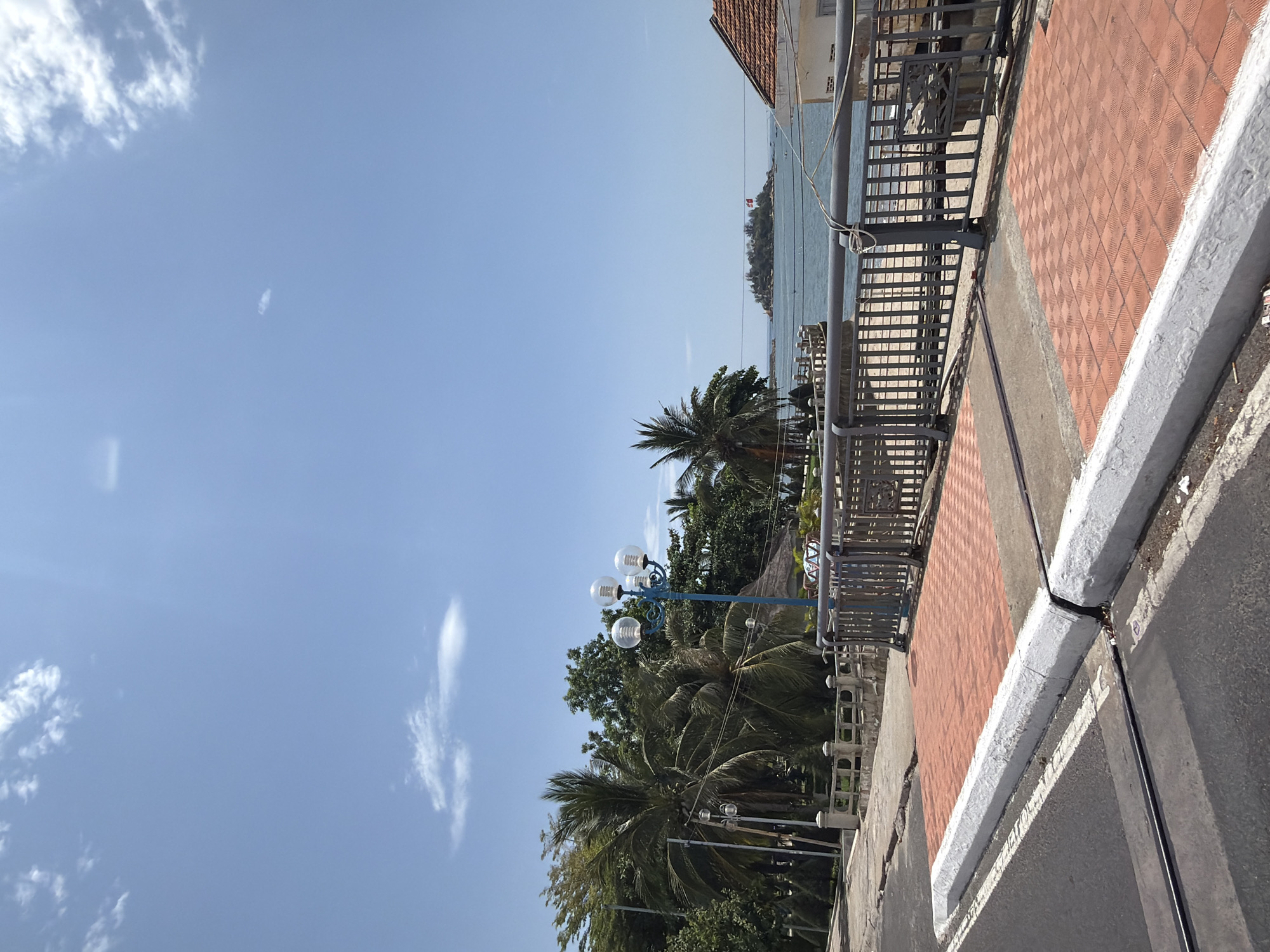The image presents a bright and clear coastal scene, likely in Nha Trang Ward, Vietnam, under a sunny sky. The top portion of the frame is dominated by a clear blue sky with a few wispy white clouds; a small, elongated, light-colored object is faintly visible in the sky.
In the mid-ground, a calm body of water, presumably the sea, stretches towards a distant landmass or island. This landmass is covered in lush green vegetation, and a red flag with a white cross, resembling the Danish flag, is visible flying from a pole on it.
The foreground features a pathway on the right, distinguished by terracotta-colored tiles arranged in a diagonal pattern. This pathway runs alongside a dark metal railing that overlooks a dense concentration of tropical palm trees and other green foliage. A notable feature among the trees is a blue lamppost equipped with four spherical glass lights. To the right of the tiled pathway, a concrete curb separates it from a darker asphalt road. A partial view of a building with a reddish-brown tiled roof is visible in the upper right corner. Utility lines or wires are also visible in various parts of the scene.
The time of day is bright daylight, suggesting midday, with excellent weather conditions. The scene is devoid of people or specific activities, conveying a sense of peaceful tropical scenery. There is no visible text in the image.