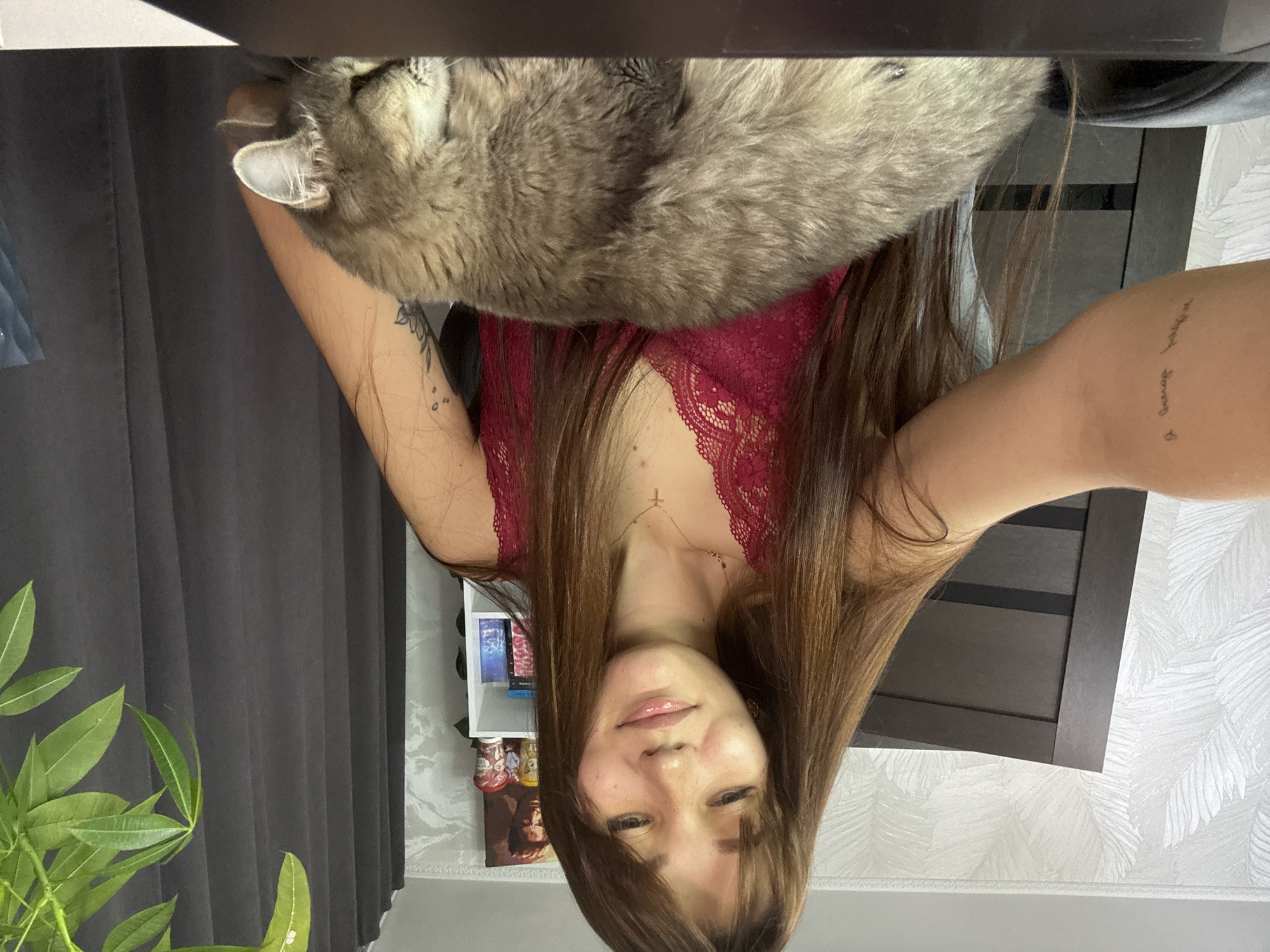 The image shows a young woman with long brown hair, wearing a red lace top, lying on a desk. A cat is resting on her upper body, near her shoulder. The scene appears to be indoors, likely a home office or bedroom, given the presence of a desk, chair, curtains, and some decorative items on a shelf in the background. The lighting suggests it could be daytime, possibly with natural light coming from a window. The woman has a relaxed expression on her face, and the overall mood is calm and cozy, enhanced by the presence of the cat. There are no explicit signs of the time of day or weather conditions. The location context is Novokuznetsk, Russia. There is faint text visible on the woman's arm which appears to be a tattoo, but it is not clearly legible. There are also some objects on the shelf with visible text, such as book spines and product labels, but they are too small and blurry to read.