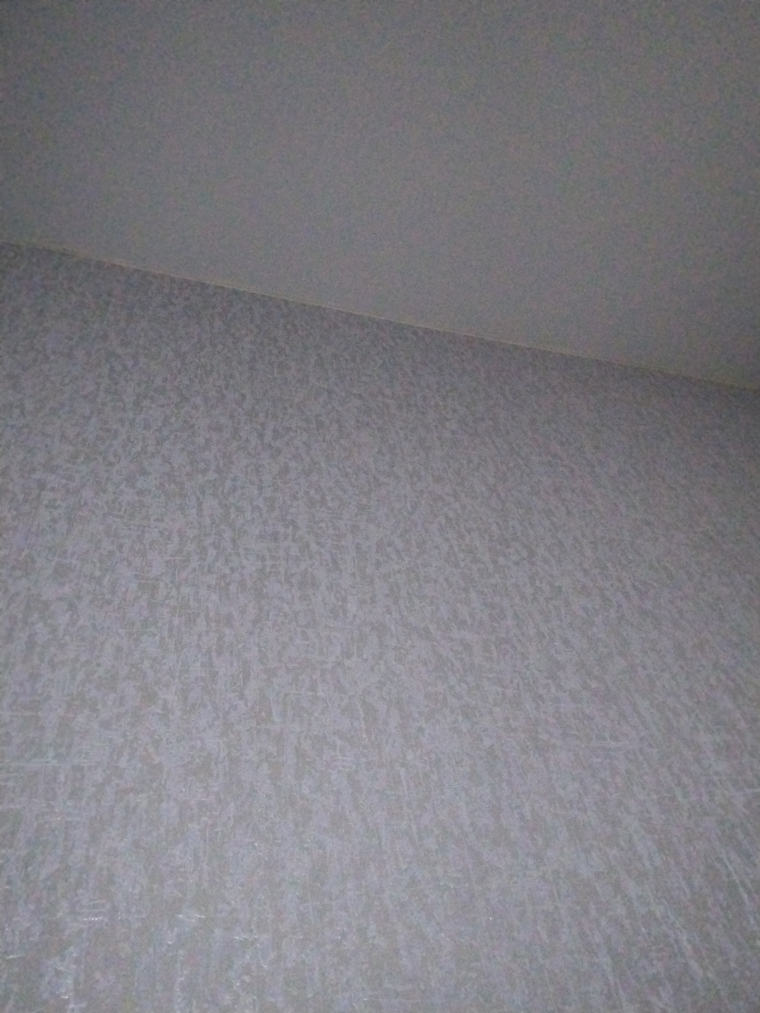 The image displays an interior architectural detail, specifically the corner where a wall meets a ceiling. The wall, occupying the majority of the frame, is covered in wallpaper featuring a subtle, light gray and off-white mottled or stippled pattern, giving it a textured appearance. This pattern consists of irregular, small, light-colored shapes against a slightly darker gray background. The ceiling, visible in the upper portion of the image, is a uniform, smooth, lighter shade of gray, contrasting with the patterned wall.
There are no people or distinct objects present. The scene is static, showing only the building's surface. The junction between the wall and the ceiling forms a clean, slightly diagonal line across the upper part of the image, running from left to right. The lighting is soft and even, suggesting an indoor setting, possibly with ambient artificial light or diffuse natural light. No specific time of day or weather conditions are discernible from this indoor view. There are no visible location-specific cues pointing to Bor, Russia, other than the provided context, nor are there any visible texts or strong emotional tones conveyed.