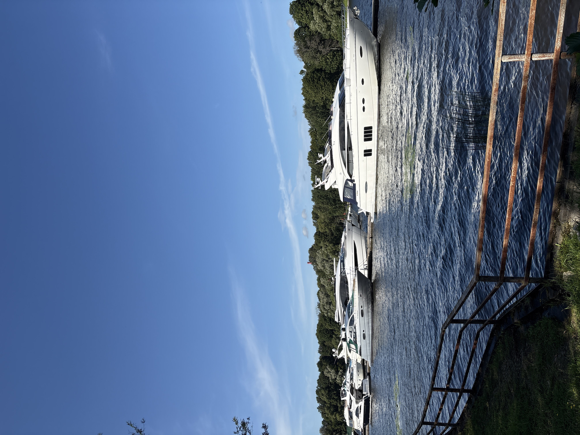 A fleet of white yachts are docked on a body of water. The yachts are lined up in a row and are all facing in the same direction. The water is calm and there are a few clouds in the sky. In the background, there is a line of trees. A rusty metal railing runs along the edge of the water in the foreground. The image is taken from a low angle, looking up at the yachts. The lighting is bright and sunny, suggesting it is daytime. The scene depicts a marina on a clear day.