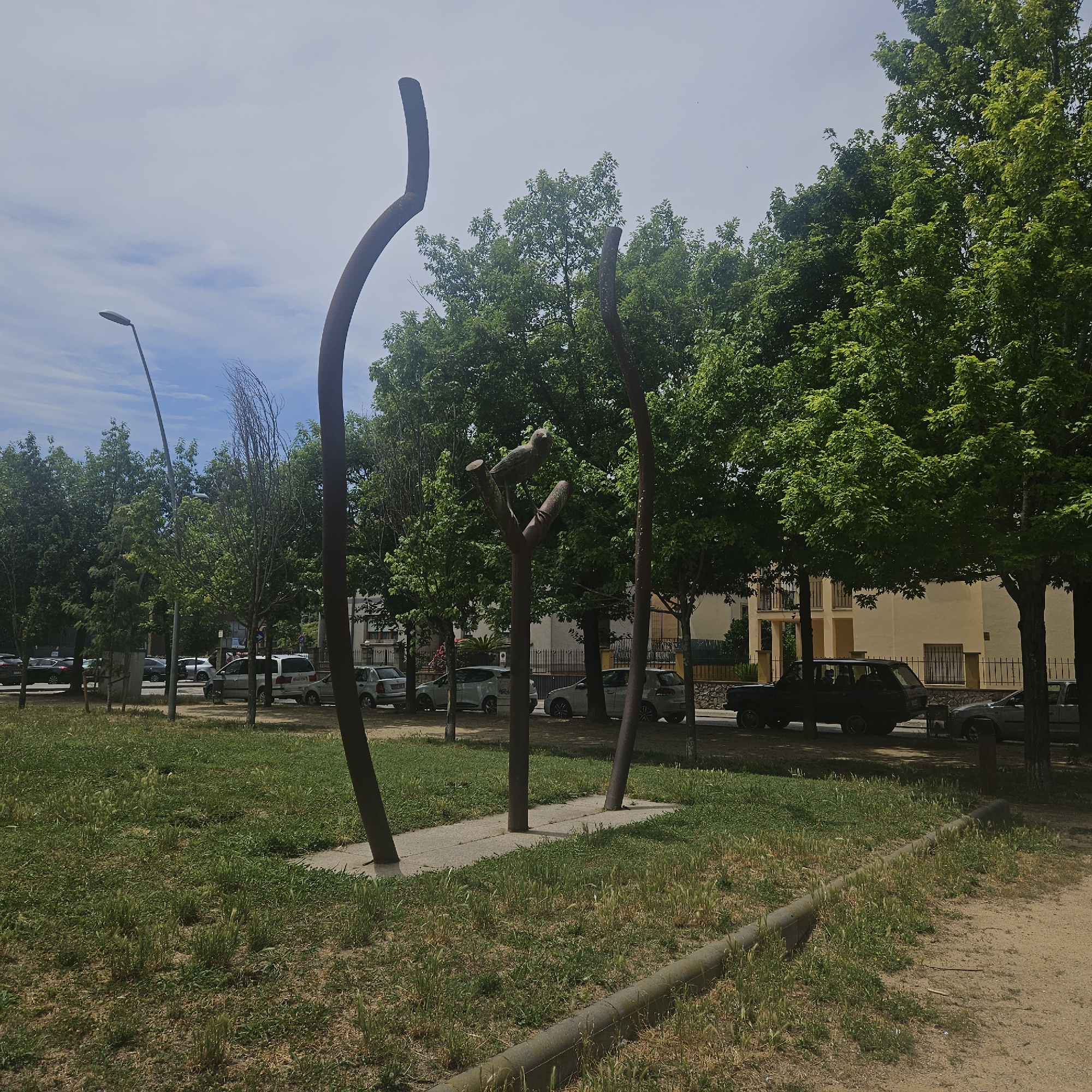 This image captures a public green space in Salt, Spain, under a lightly clouded sky. In the immediate foreground, a patch of mixed grass and dry earth covers the ground, with a weathered concrete curb delineating a dirt path on the right side of the frame.
Central to the mid-ground are three dark, rust-colored, abstract metal sculptures installed on a light grey concrete base. The leftmost sculpture is a tall, upward-curving pipe. The central sculpture is shorter, branching into a 'Y' shape, with a dark, avian figure perched at its apex. The rightmost sculpture is also a curved pipe, similar in form but shorter than the left.
Behind the sculptures, a dense line of mature deciduous trees with vibrant green foliage dominates the middle ground. To the left, a tall, dark grey streetlamp extends upwards. Behind the trees, a paved street runs horizontally across the scene, occupied by multiple parked vehicles, including a dark-colored SUV, several white and silver sedans, and a silver minivan.
In the background, behind the street and trees, residential buildings with light-colored facades, multiple windows, balconies, and dark metal fences are visible. The sky above is light blue with scattered white clouds. No people are present in the scene.
