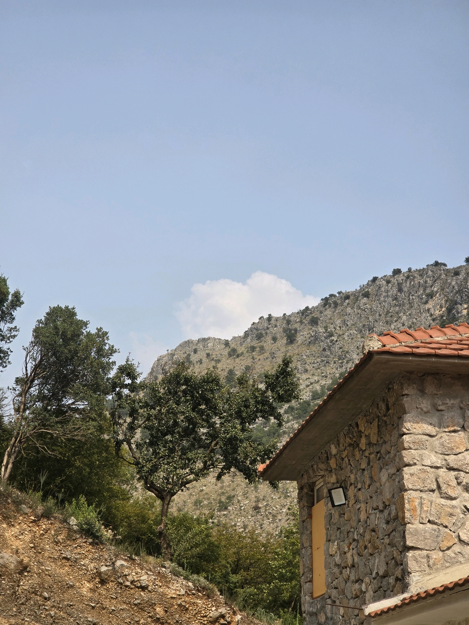 The image depicts a rustic stone building with a red tiled roof, situated against a backdrop of a rocky mountainside covered in sparse vegetation. The building has a single window and an outdoor light fixture mounted on its exterior wall. In the foreground, a steep, rocky slope is covered with dry earth, small stones, and scattered green plants. Several trees with dense foliage are visible, with one in particular featuring a twisted trunk. The sky is a clear, pale blue with a few wispy clouds. The scene is likely located in a rural or mountainous area outside of the city of Podgorica, Montenegro, given the natural landscape.