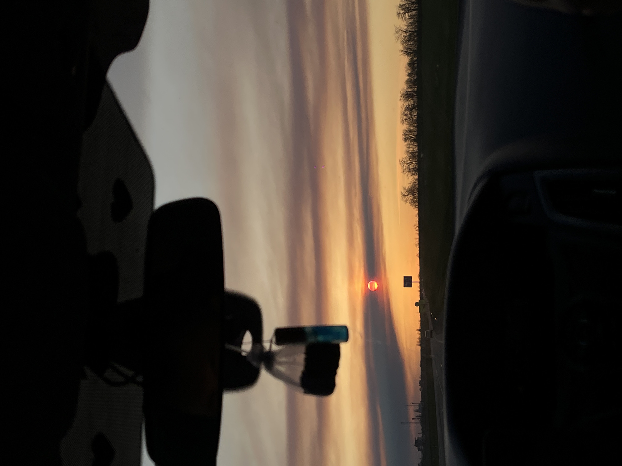 The original image is displayed in portrait orientation but depicts a landscape scene, showcasing a view from inside a moving vehicle during sunrise or sunset over Vyselki, Russia.
In the foreground, the dark interior of a car is heavily silhouetted. A rearview mirror is prominently featured on the left, reflecting a blurred, lighter area from inside the cabin. Hanging from the rearview mirror is a small object with a blue cap and a white base, possibly an air freshener. Parts of the vehicle's dashboard and the upper edge of a door panel are also visible on the right, framing the external view.
The midground and background showcase a dramatic sky with horizontal bands of clouds in warm hues of orange, yellow, pink, and light purple. A striking, circular red-orange sun is low on the horizon, slightly to the left of the center of the external view. Below the vibrant sky, a dark, slender line of bare trees or bushes stretches across the landscape, suggesting a rural setting and possibly late autumn or winter. A dark road is visible, extending into the distance, with a dark, square-shaped sign or structure standing by its side on the right.
The scene conveys a tranquil moment on a journey, capturing the vivid colors characteristic of dawn or dusk. No visible text is present in the image.
