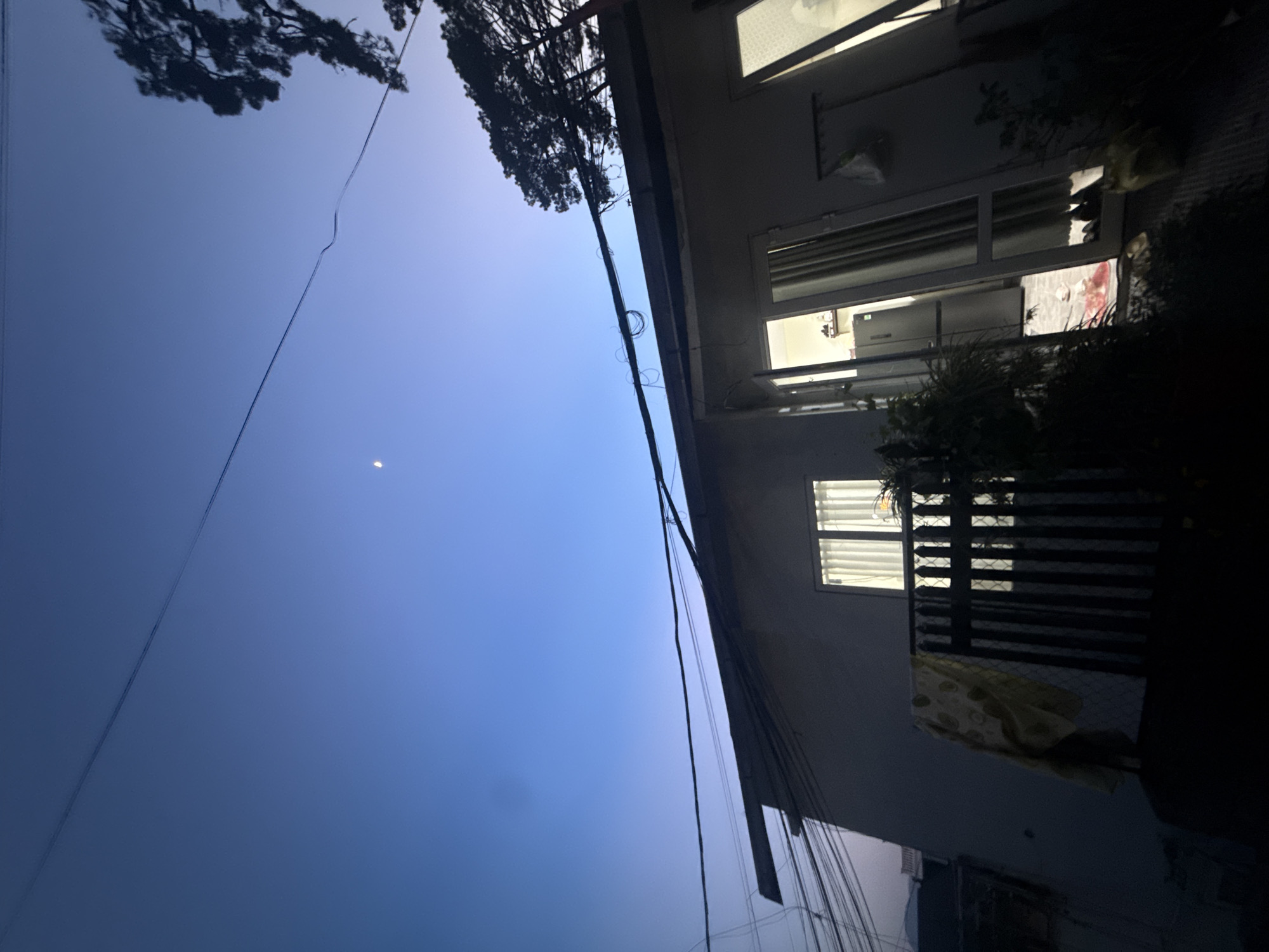 This is a wide-angle, low-angle shot taken at dusk in Da Lat, Vietnam. The sky is a gradient of deep blue to lighter blue, with a faint crescent moon visible. Overhead, a network of power lines stretches across the frame, some taut and others loosely looped.
In the foreground, a two-story house or building with a light-colored facade is partially visible. The roofline is cluttered with more electrical wires. On the left side, a window is illuminated from within by white curtains. Below it, a metal fence encloses a small area where a light-colored cloth with a circular pattern is draped.
The right side of the building features an open doorway leading into a room. Inside, a refrigerator and shelves are visible, along with what appears to be a table and chairs. Curtains hang within the doorway and a window to the right of the doorway.
In the lower right corner, a dark silhouette suggests a planter or small structure, and a faint yellow object, possibly an animal, is discernible. A large tree with dark, silhouetted branches extends from the upper right, partially obscuring the sky. The overall impression is one of a residential area at twilight, with a prominent focus on the utilitarian infrastructure of power lines.