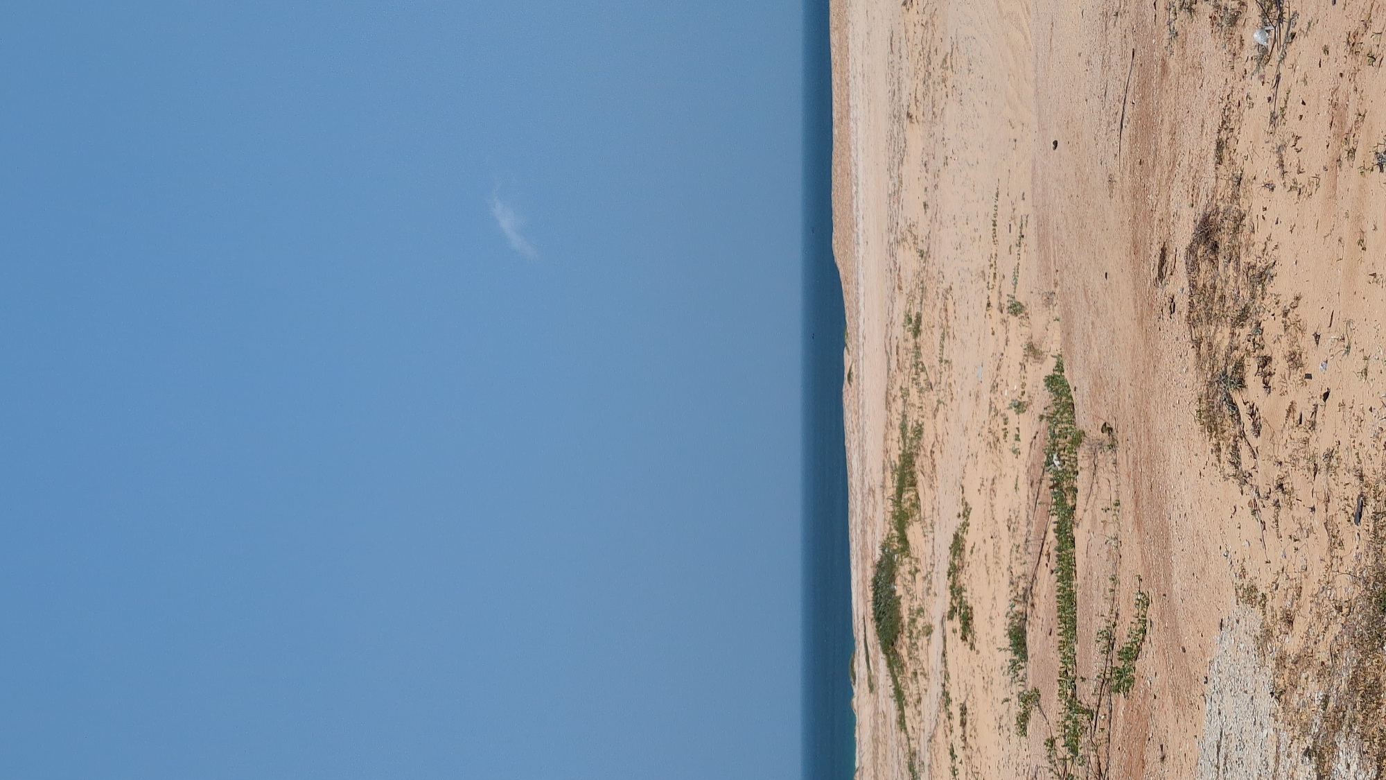 The image depicts a landscape divided between a clear, blue sky and a sandy terrain. A thin, dark strip likely indicates the sea separating the two zones. The sandy area features varying textures, with patches of sparse vegetation and visible soil erosion. The location is Phuoc Dinh, Vietnam. No people or specific actions are visible.
