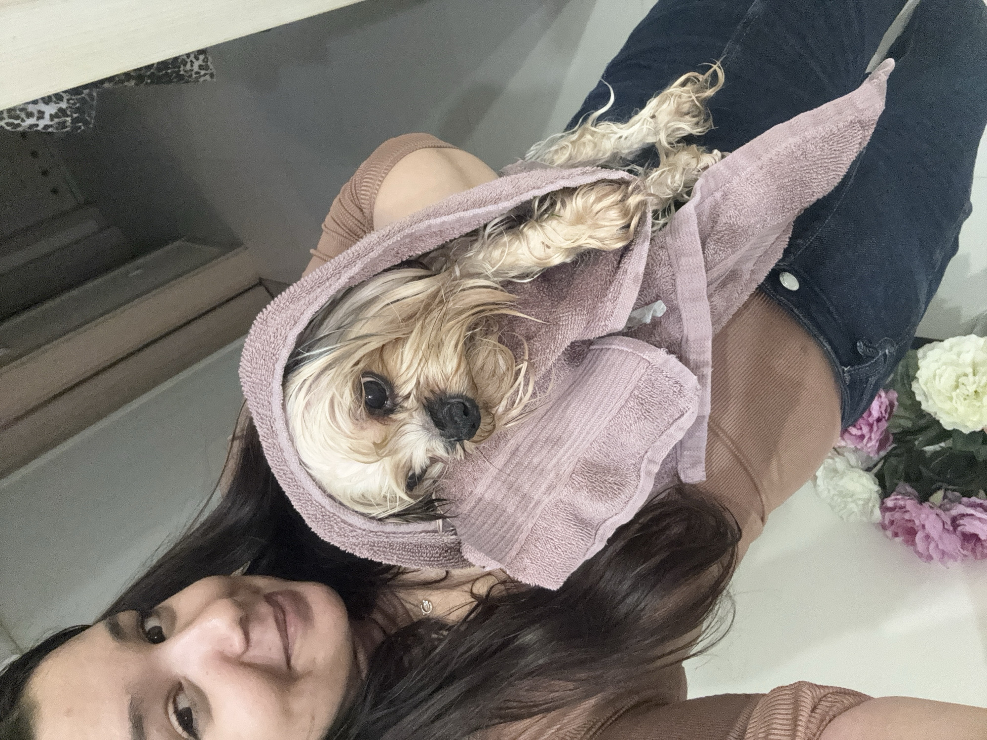 A person with brown hair is holding a small, long-haired, wet, white and brown dog wrapped in a pink towel. The person is wearing a brown shirt and jeans. To the right of the person are pink and white flowers. Behind the person is a white wall. The scene is indoors. The location in Sofia, Bulgaria is unknown.