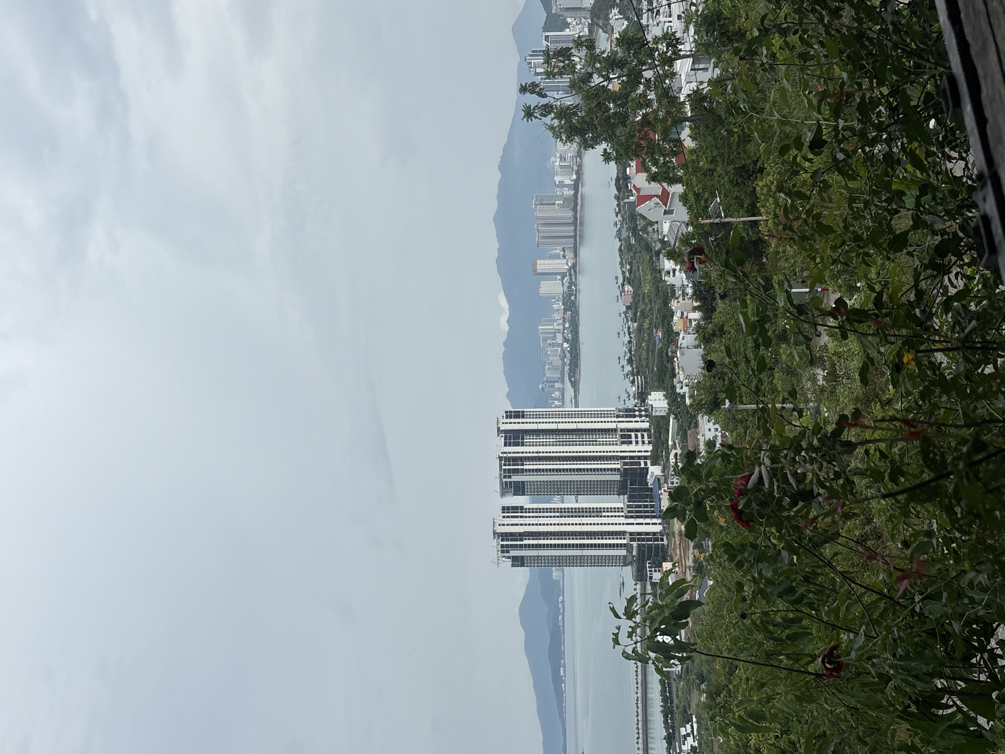 The image shows a cityscape with a body of water. In the foreground, there are trees and shrubbery with red flowers. Behind the foliage, there are high-rise buildings of various heights, with the tallest buildings appearing in the middle ground. Beyond the buildings, there is a long stretch of water, with mountains in the background, and more buildings along the shore. The sky is overcast with light-colored clouds. The image is taken from an elevated viewpoint, potentially from a hill or a tall building overlooking the city. The location is likely in or near Bac Nha Trang Ward, Vietnam.