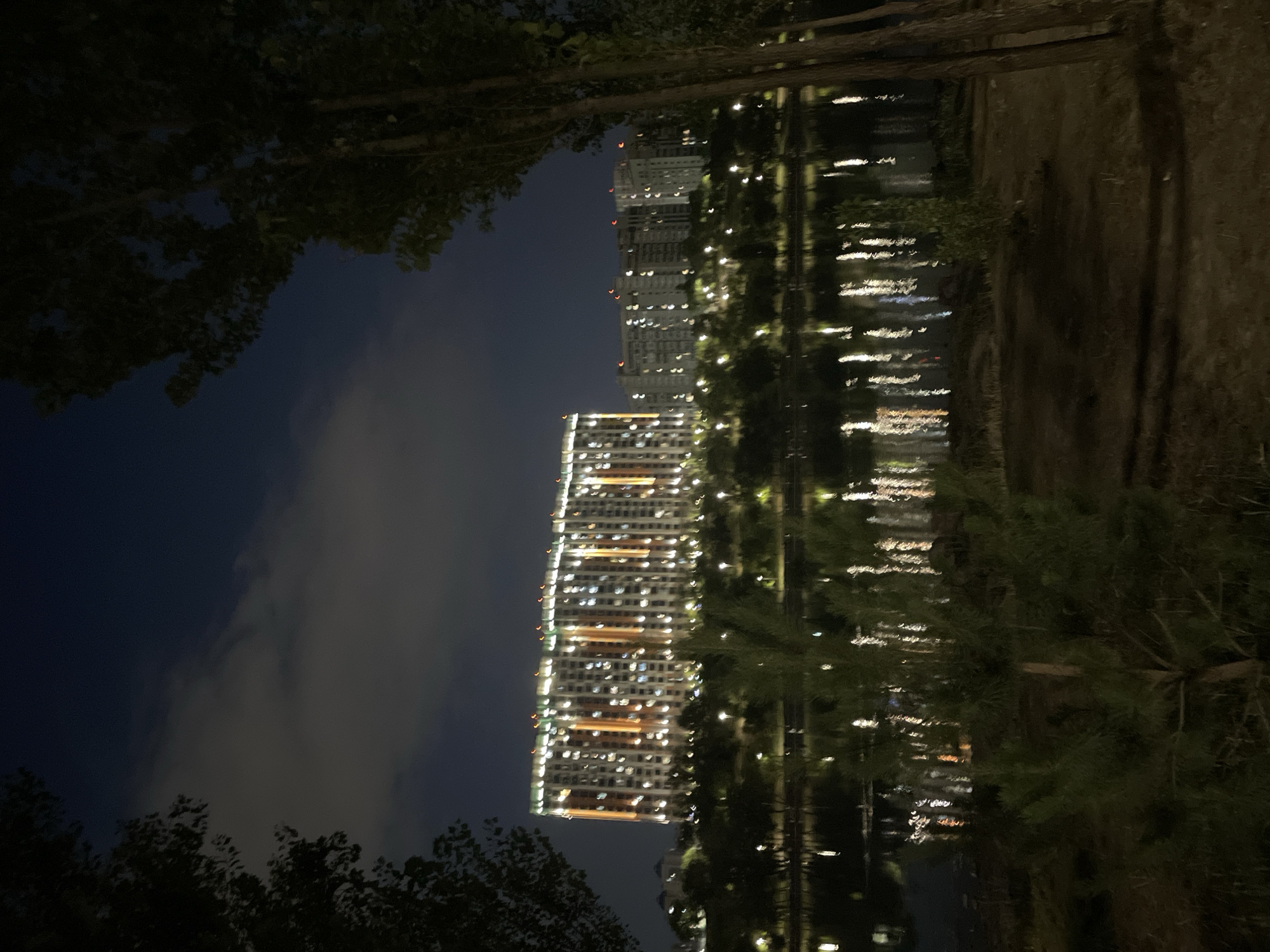 An outdoor, nighttime, wide shot captures a serene view of the city of Almaty, Kazakhstan, featuring a large, illuminated residential complex reflected in the calm waters of a lake. The sky above is a dark blue, with scattered clouds that are softly illuminated by the city lights. The residential buildings are multi-story, with numerous windows lit up, creating a warm glow. Their reflections are visible in the dark water, creating a shimmering, elongated pattern. Trees, silhouetted against the night sky and the buildings, frame the scene on either side. The foreground shows a grassy area with a young pine tree and a path. The overall atmosphere is peaceful and tranquil, highlighting the urban landscape at night.