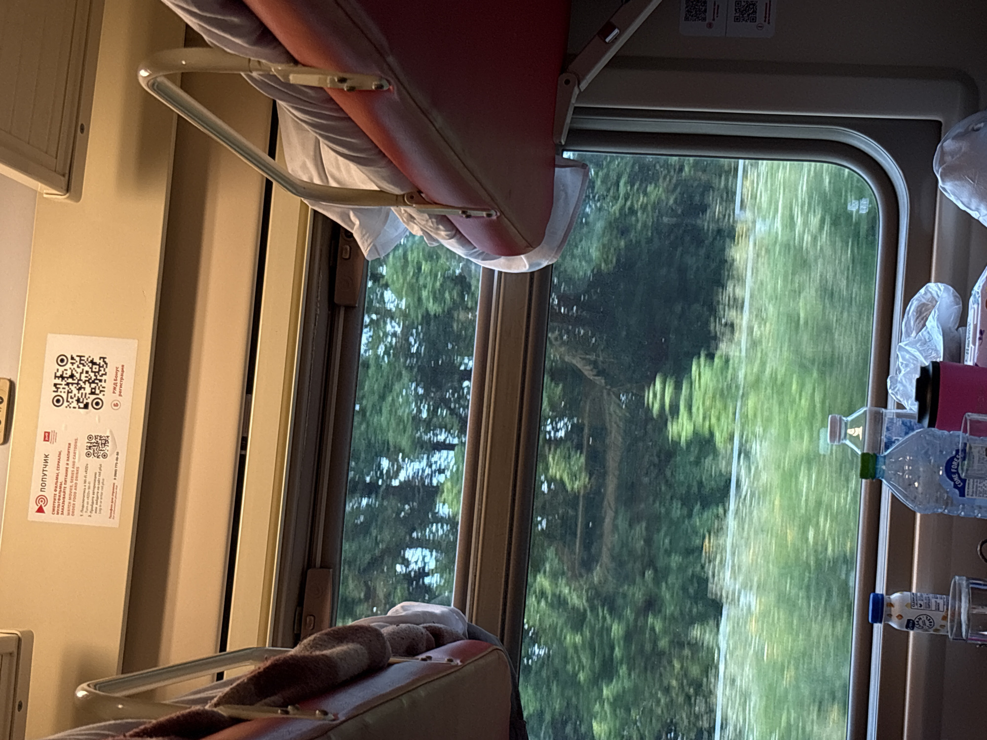The image depicts the interior of a train compartment, likely in Russia, as suggested by the Cyrillic text on a sign and the mention of "РЖД" (Russian Railways). The scene is viewed from a seated position looking out a window.
In the foreground, on a ledge below the window, are several items: two plastic water bottles (one with a blue cap and a label featuring a smiling sun graphic, another larger bottle with a green cap and the text "CONE FOREST"), a clear glass, a pink thermal mug, and a white plastic bag.
The window reveals a blurred, fast-moving green landscape, indicating the train is in motion. Trees and vegetation are visible, suggesting a rural or suburban setting.
Above the window, attached to the wall, are two white signs with QR codes. The left sign has Cyrillic text that translates to "WATCH FILMS, SERIES AND CARTOONS. ORDER FOOD AND DRINKS." Below this is a section detailing how to connect to Wi-Fi. The right sign also has Cyrillic text and a QR code, potentially related to passenger services or loyalty programs.
Two cushioned seats, one on the left and one on the right, are visible. The seat on the left is partially covered by a brown and beige blanket. The seat on the right is covered with white bedding. Metal grab handles are positioned above the seats. The overall lighting is warm and artificial, typical of train interiors.
The mention of "Покровка, Russia" is not directly verifiable from the image content alone but is provided as a potential location.