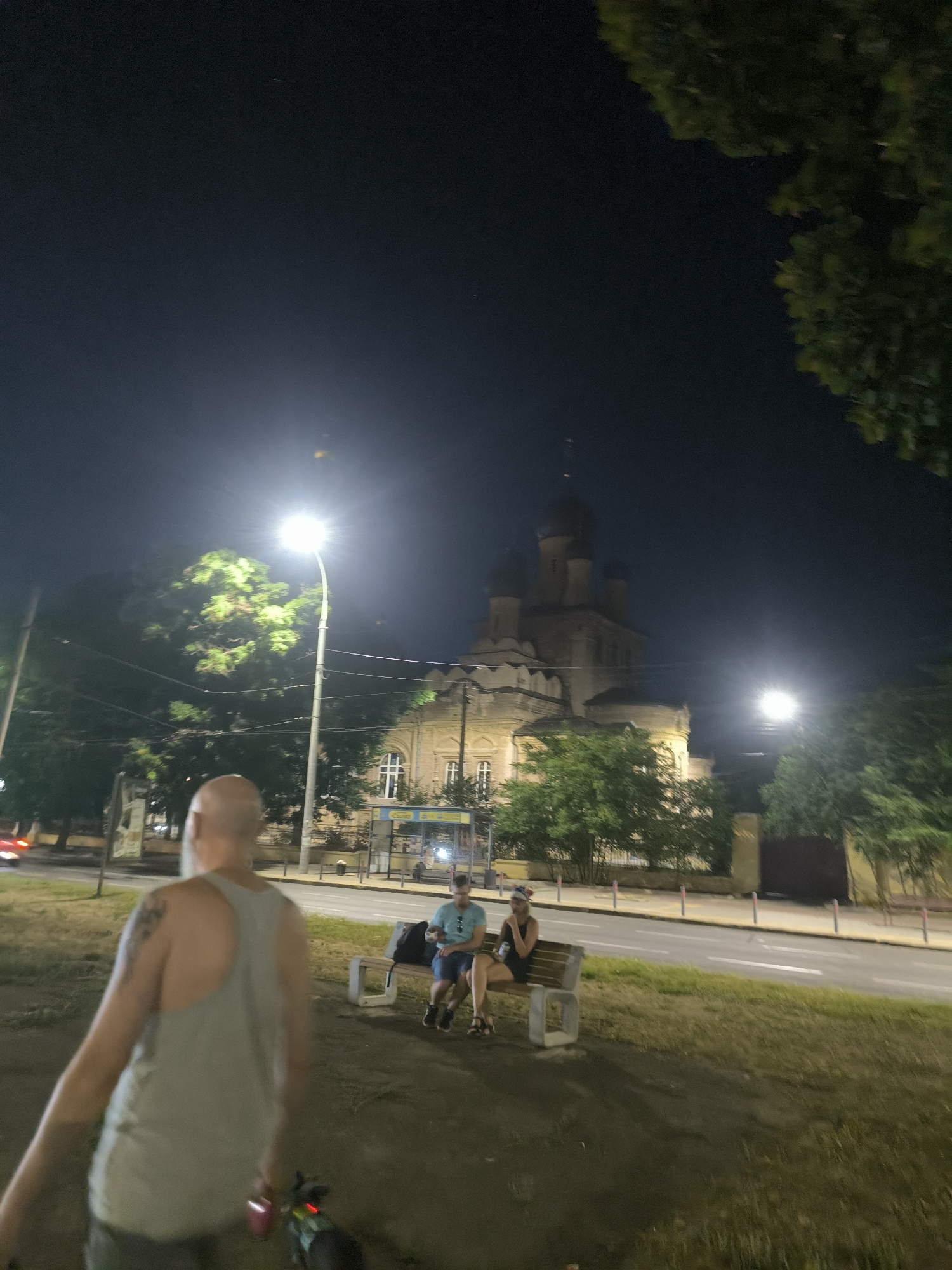 A nighttime outdoor scene in Mykolaiv, Ukraine, features a street lamp illuminating a paved road and a grassy area. In the foreground, a bald man with a tattoo on his arm is walking a small dog. Further back, a couple is seated on a park bench. Behind them, a large building, possibly a church or government structure, is visible with its windows lit. Trees and other vegetation are scattered throughout the scene. A bus stop shelter is also present near the building. The sky is dark, indicating it is night.