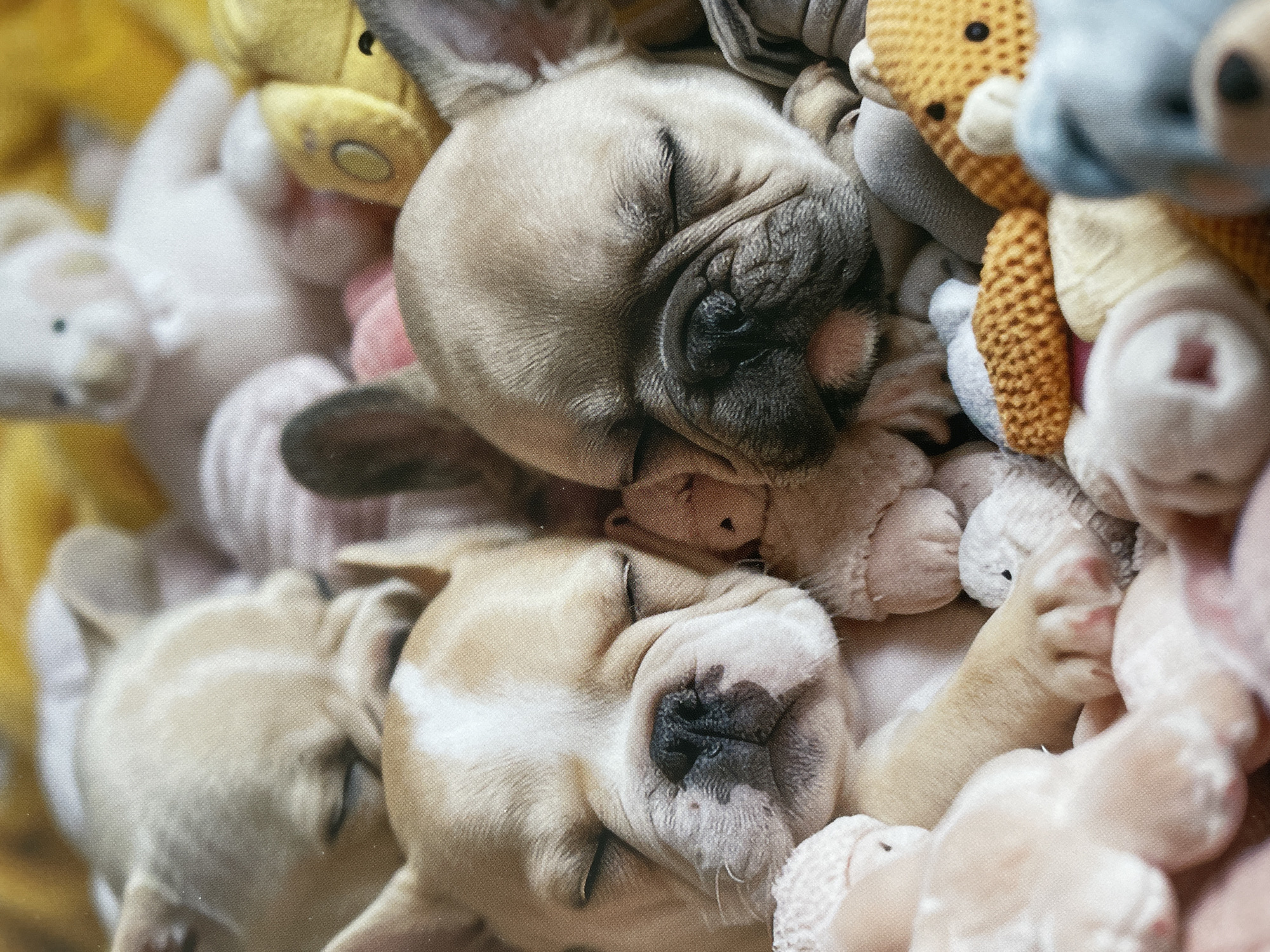 Three fawn-colored French Bulldog puppies are nestled among various stuffed animals. The puppies are asleep, with their faces wrinkled and noses black. The stuffed animals are a mix of colors and textures, including yellow, white, gray, and brown. The background is blurry. The location cannot be determined from the image.