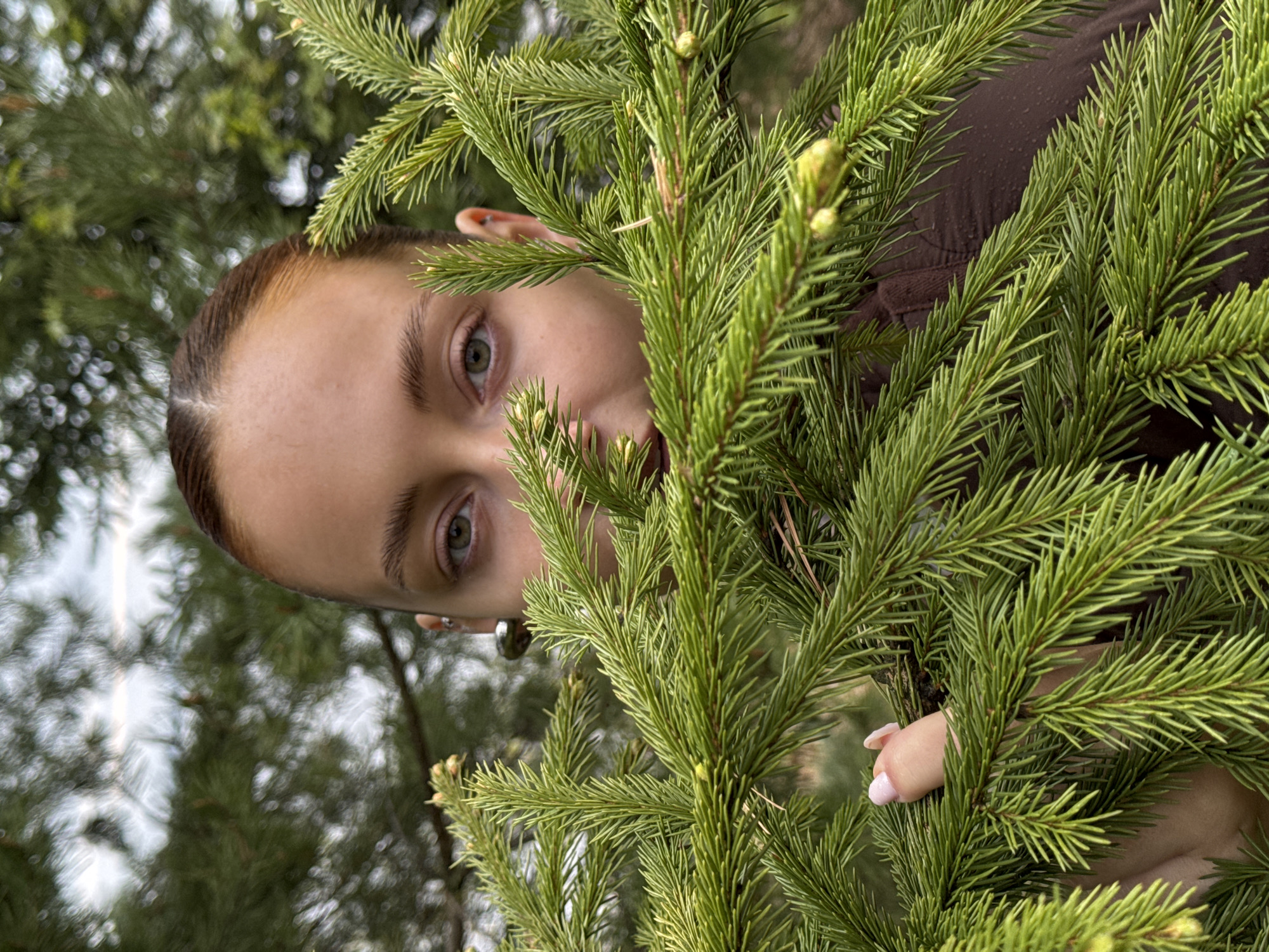 A woman with fair skin, brown hair pulled back, and green eyes is peering from behind the branches of a small, green conifer tree. She is wearing a brown top. Part of her hand, with light pink nail polish, is visible among the branches. The background shows a blurred view of trees, possibly in an outdoor setting. The image is oriented with the woman's face turned sideways, as if the camera was tilted. The location is Chastyye, Russia.