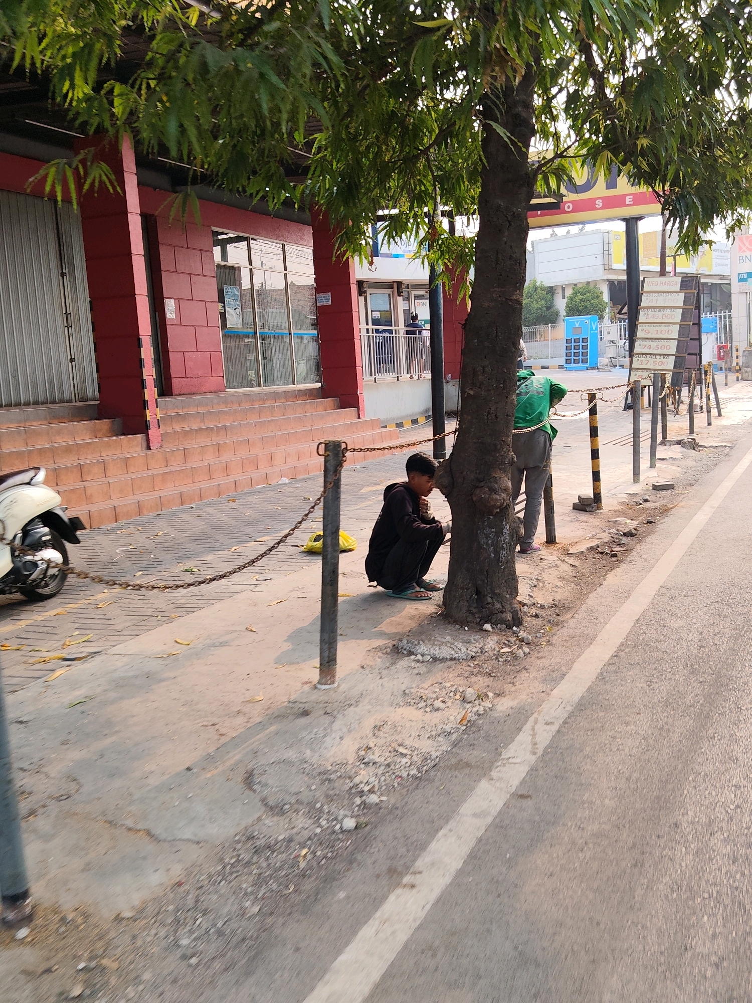 In Purwakarta, Indonesia, on a sunny day, a young man in a black hoodie and pants squats near the base of a tree on a cracked, dusty sidewalk. A chain attached to a metal pole in the foreground extends towards the left, partially obscuring a white scooter parked on the patterned sidewalk. Behind the young man, another individual in a green long-sleeved shirt and grey pants stands, facing away from the camera, looking towards a row of shops. The shops have red facades and metal roll-up doors, with some windows reflecting the environment. A price list is displayed on a stand in front of one of the shops. The street runs alongside the sidewalk, with a white line marking the edge. The environment appears to be a commercial area with businesses lining the street.