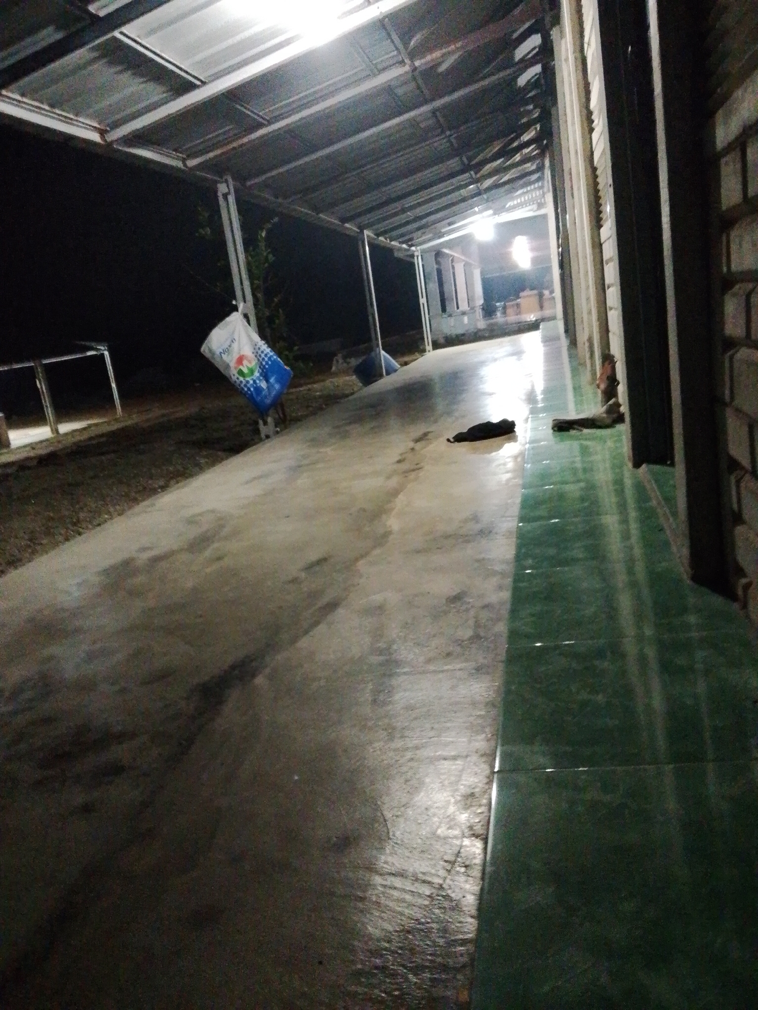 The image shows an outdoor covered walkway at night in Bukit Ketok, Indonesia. The walkway is concrete, with green tiling on the right side. There are two dark-colored cats lying on the walkway. A large white and blue bag stands near the open edge of the walkway. There are supports for the roof, and a building is visible at the end of the walkway. The area is dimly lit.