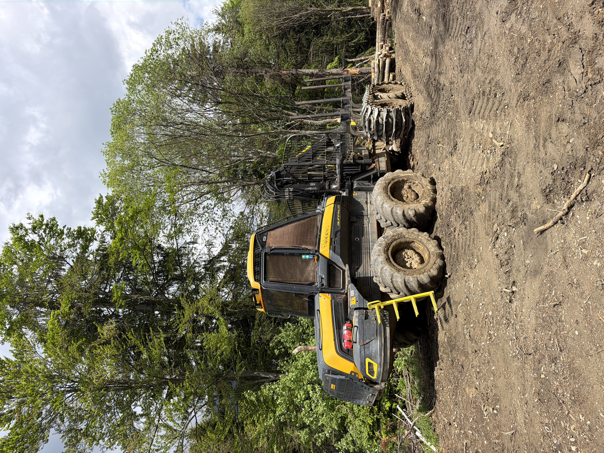 The image depicts a yellow and black forestry vehicle, likely a forwarder, situated in a muddy logging area. The vehicle is positioned next to a forest with deciduous trees. Cut logs are stacked behind the vehicle. The sky is overcast. There is no evidence to support the location being in the city of Рилски манастир, Bulgaria.