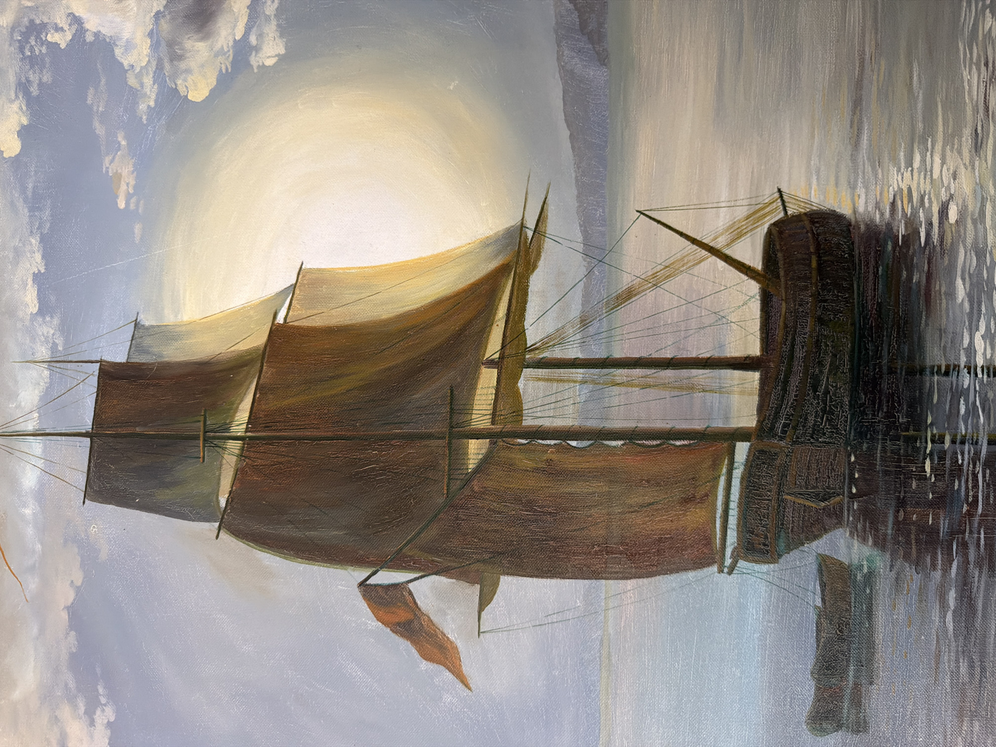 The image appears to be an oil painting of a sailing ship. The vessel is depicted with its sails partially unfurled, catching a soft, diffused light. The colors are muted, with shades of brown, beige, and gray dominating the palette.
The ship is reflected in the water below, creating a mirrored image that adds depth and dimension to the scene. The reflection is somewhat distorted, suggesting movement or ripples on the water's surface. The background features a cloudy sky with a bright, indistinct light source. The style is reminiscent of maritime paintings from the 19th century.
There is no evidence to suggest the painting is of a specific location or city, such as Levkovo, Russia. The scene is a generic maritime setting. There are no people depicted in the image.
