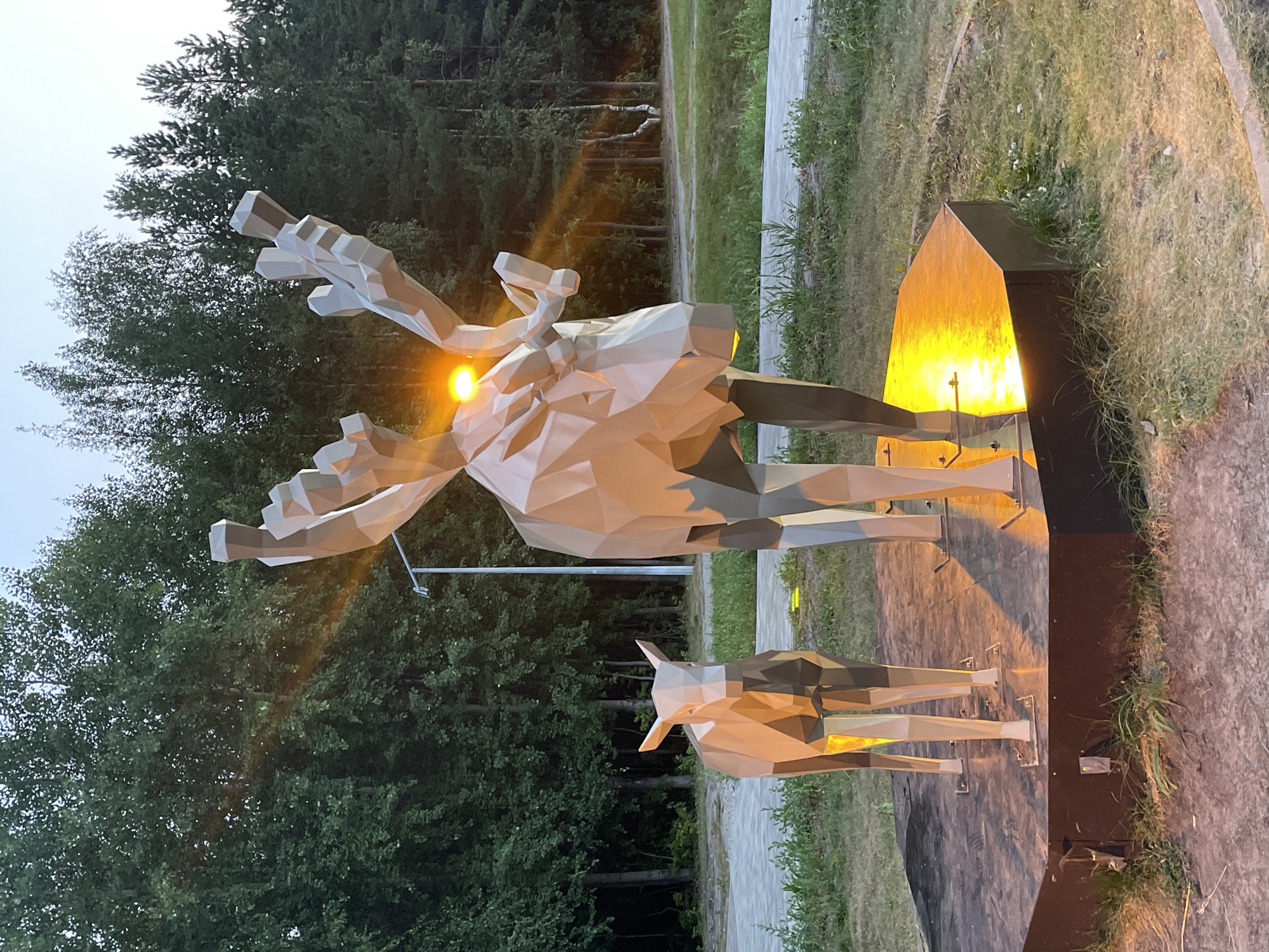 The image shows two geometric sculptures of moose, a larger adult and a smaller calf, illuminated by golden lights. The sculptures are made of faceted metallic material and are positioned on a hexagonal platform. The adult moose has prominent antlers, and a bright orange light emanates from its head, casting a strong glow on the surrounding platform and vegetation. A smaller moose calf stands to the left of the adult. The sculptures are situated outdoors in a park-like setting with a backdrop of a dense forest of coniferous and deciduous trees. A paved pathway is visible in the background. The sky is a pale blue, indicating either dawn or dusk. The lighting suggests artificial illumination from the sculptures themselves and potentially nearby streetlights, which are not fully visible. The overall scene depicts an artistic installation in a natural environment, likely a public park or recreational area. This installation is located in the city of Surgut, Russia, specifically in the Park of Geologists.