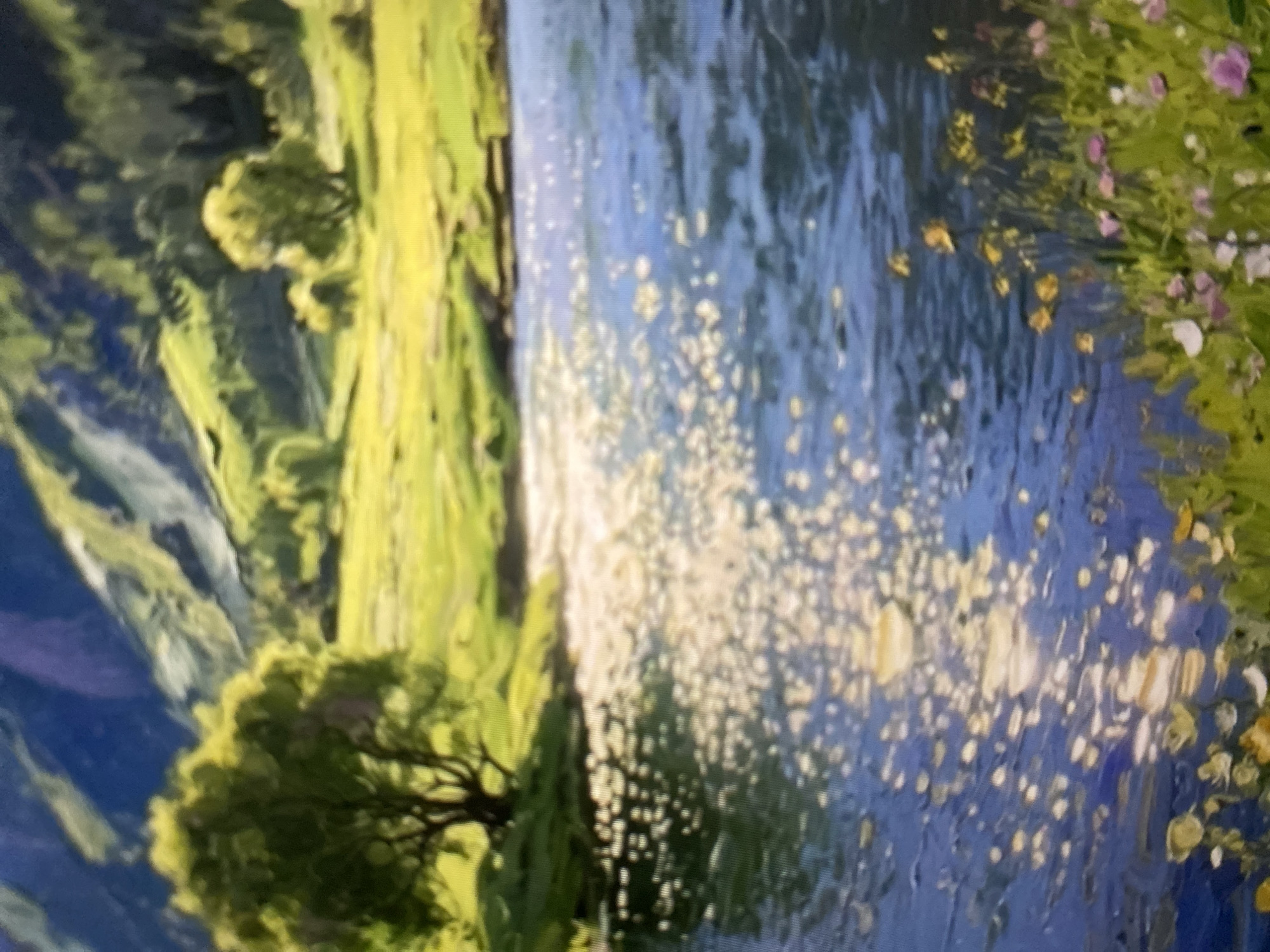 The image depicts a serene landscape painting, likely oil on canvas. The scene features a wide, blue river in the foreground, with sunlight glinting off its surface in shimmering patterns of yellow and white. Along the near bank of the river, a patch of lush green grass is dotted with small, colorful wildflowers, including pink and yellow blooms.
In the midground, a gently sloping, sun-drenched green meadow stretches out, punctuated by several trees. The largest tree, with a dark trunk and a full, leafy canopy, stands prominently on the left side of the meadow, casting a shadow on the grass. Further into the meadow, other trees and smaller shrubs are visible.
The background is dominated by rolling, blue-green hills or mountains, bathed in a soft, natural light that highlights their textured surfaces. The overall impression is one of tranquility and natural beauty, with a focus on the interplay of light and water. There are no people or animals depicted in the scene. The painting is in the style of Impressionism or a similar style that emphasizes light and color.