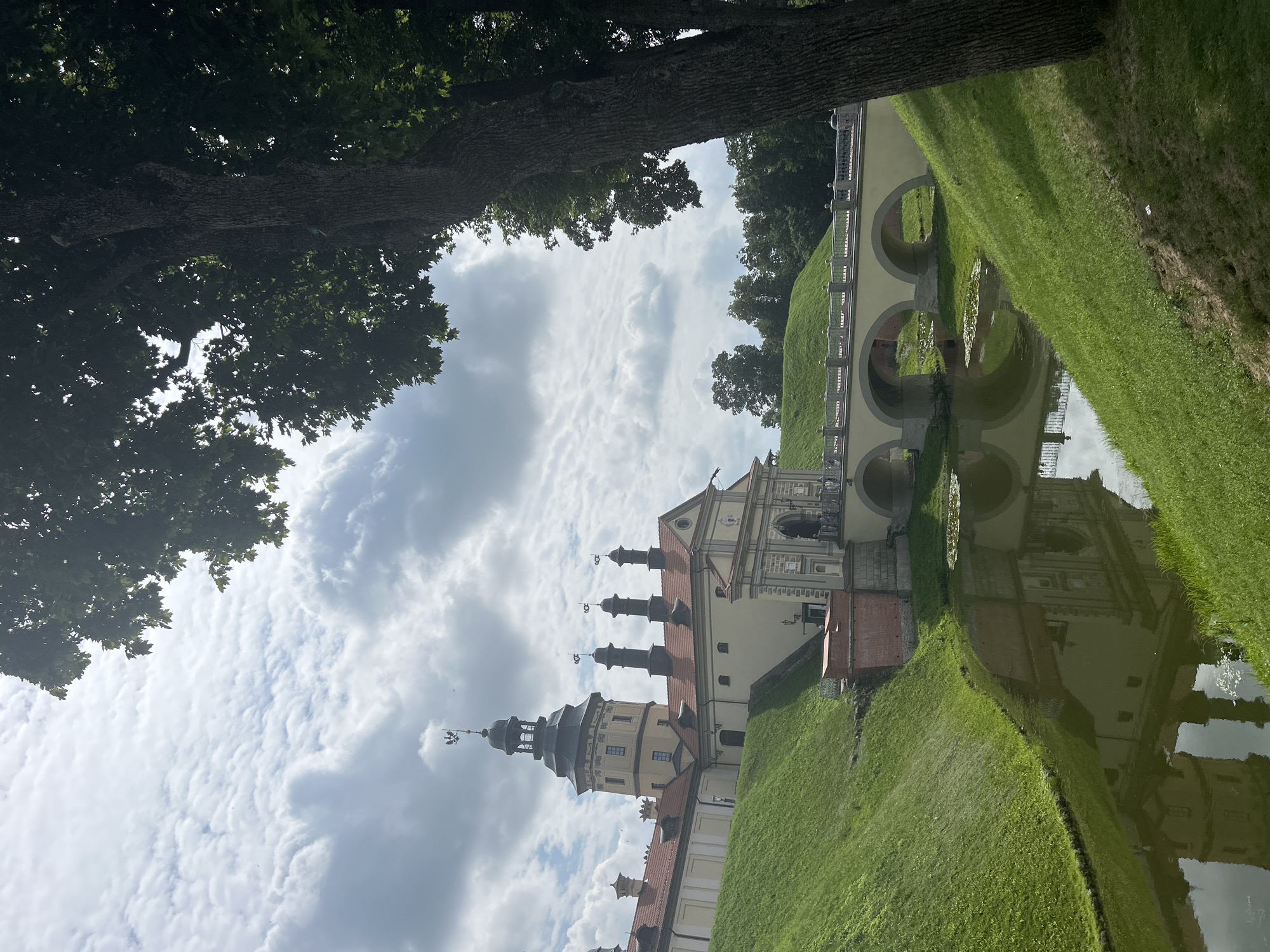 This is a vertical, eye-level, exterior shot of Nesvizh Castle in Nesvizh, Belarus. The castle is a pale yellow structure with red-tiled roofs and multiple towers, the tallest of which is topped with a dark spire and a weather vane. A multi-arched stone bridge spans a moat filled with dark water reflecting the castle. The moat is bordered by steep, grassy banks. The foreground is dominated by a large, mature tree with a thick trunk and dark green leaves, casting a shadow on the grassy slope. The sky above is partly cloudy with a mix of bright white and dark gray clouds. No people are clearly visible in the image.