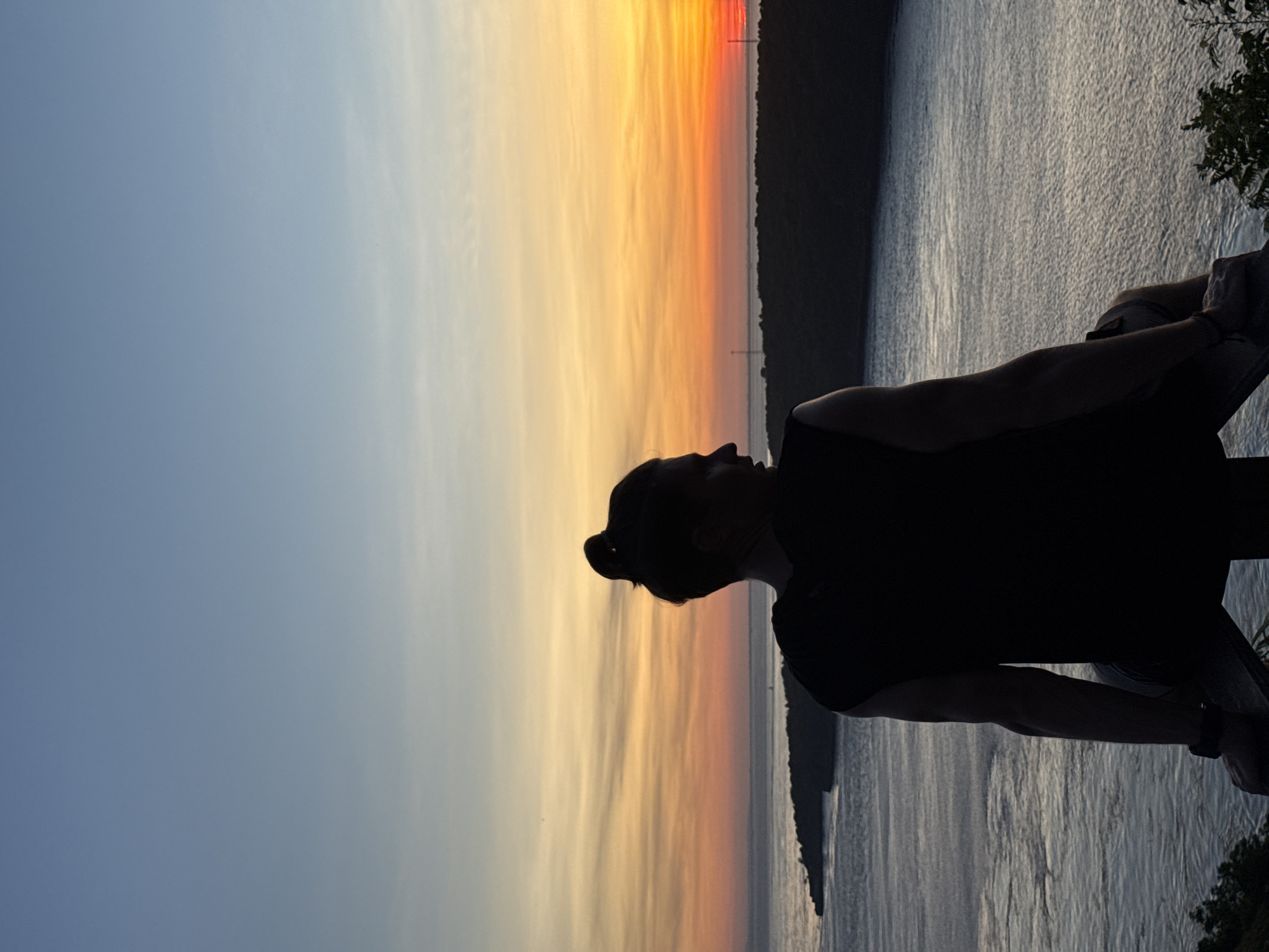 A vertically oriented image depicts a silhouette of a person against a sunset backdrop over a body of water.
The person, positioned on the right, is silhouetted, making it difficult to discern specific details about their clothing or features. The figure is gazing towards the sunset.
The background features a sky with a gradient transitioning from blue on the left to orange and yellow near the top center where the sun is setting. Below the sunset, a dark land mass extends horizontally. To the right of this land mass is a body of water with sunlight reflecting off its surface.
The scene is likely to be in Nusa Penida, Indonesia, given the context provided. However, without more information, pinpointing an exact location in the city is not possible.