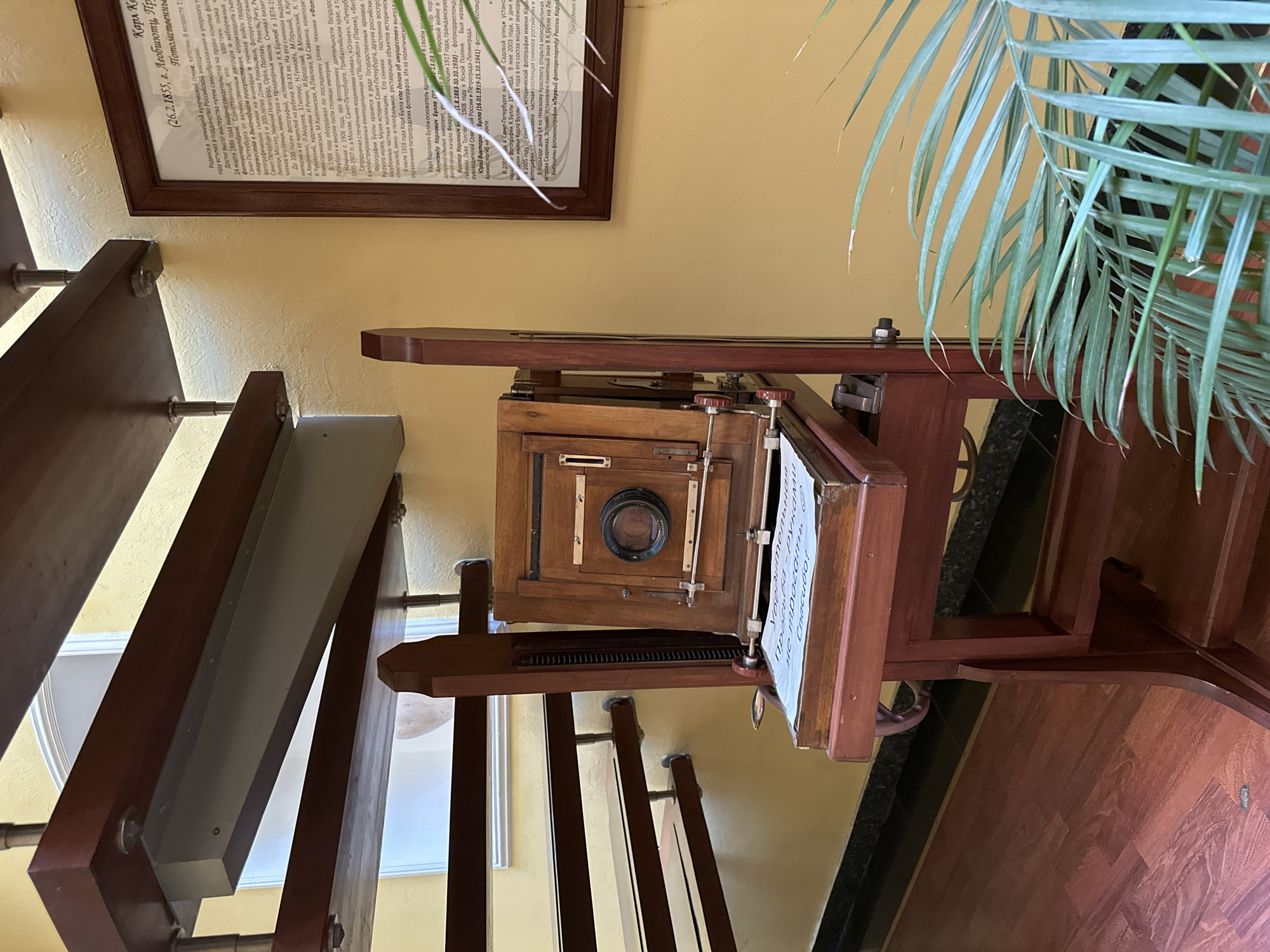 A wooden vintage camera on a stand is positioned in front of a yellow wall, near a wooden staircase. A framed document is mounted on the wall to the right of the camera. A palm frond is visible in the lower right corner of the image. The camera appears to be a large format camera with a bellows. The stand has a wooden tray with a paper sign that reads "Уважательный, Пожалуйста, руками не трогать! Спасибо!" which translates to "Dear, Please do not touch with your hands! Thank you!". The camera is placed on a wooden stand with a wheeled base. The staircase is made of dark wood with metal railings. The document on the wall is a historical text with Russian lettering. The lighting in the image is soft and natural.