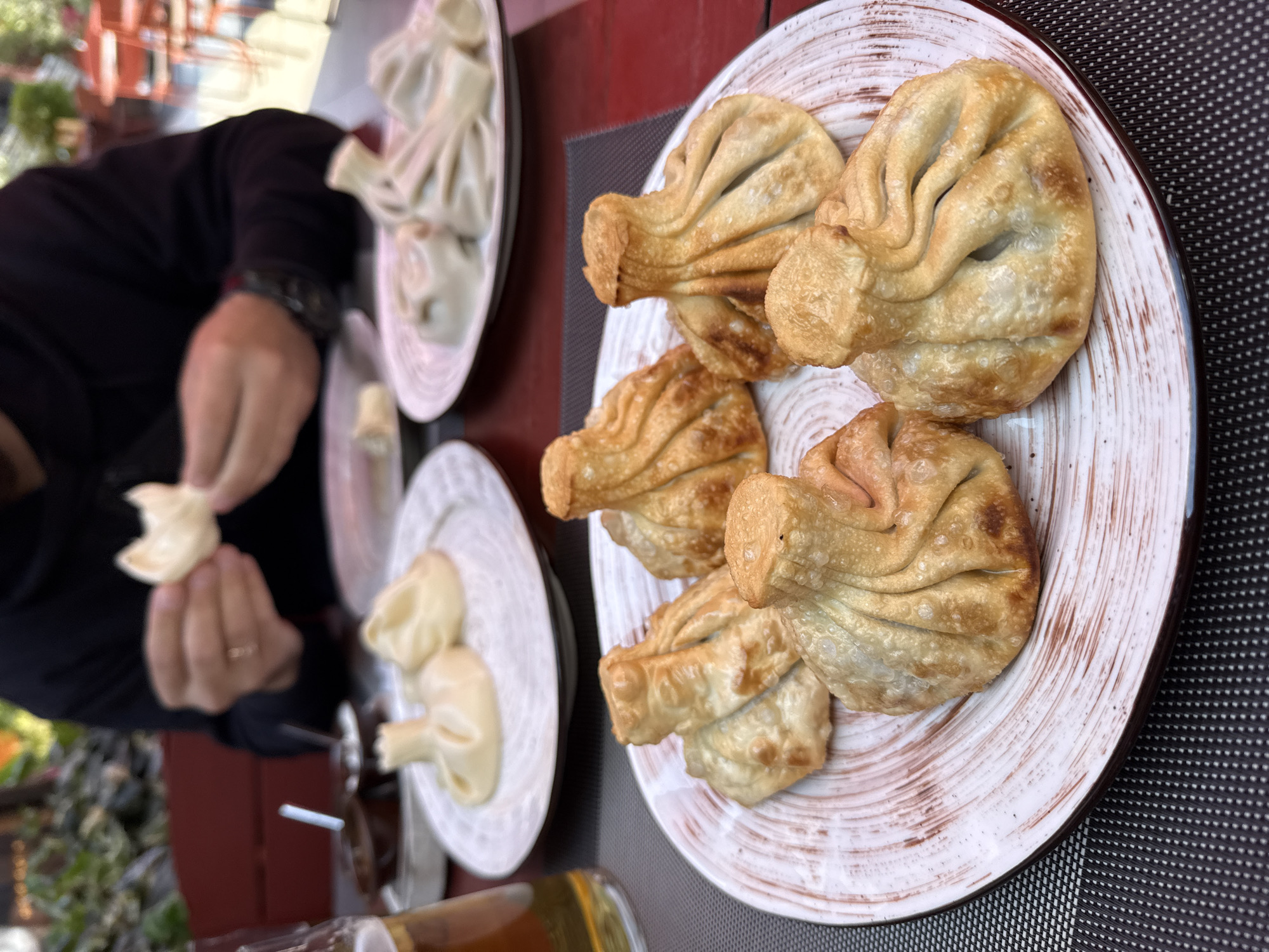 The image captures a dining scene, likely outdoors or in a brightly lit restaurant, in Sochi, Russia. The primary focus is on two distinct preparations of khinkali, a type of Georgian dumpling.
On the right, a white ceramic plate with rustic brown swirl patterns holds several golden-brown, deep-fried khinkali. These dumplings have a crispy, textured exterior with prominent folds at the top. To the left, a person's hands are visible, engaged in eating. One hand holds a pale, presumably steamed or boiled, khinkali, indicating they are in the process of consuming the meal. On the table, two other white plates are present; one closer to the person has two pale khinkali, similar to the one being held, while another plate further back shows several more.
The table surface is a reddish-brown color, possibly wood, and a dark, speckled placemat is visible beneath the plates. In the lower-left corner, a glass containing a light amber liquid, possibly beer or a soft drink, is partially visible. The background shows hints of green foliage and soft natural light, suggesting a daytime setting. The person's left hand wears a ring. The overall scene depicts a casual meal, highlighting the popular Georgian dish, khinkali, served in both fried and boiled forms. No discernible text is visible in the image.
