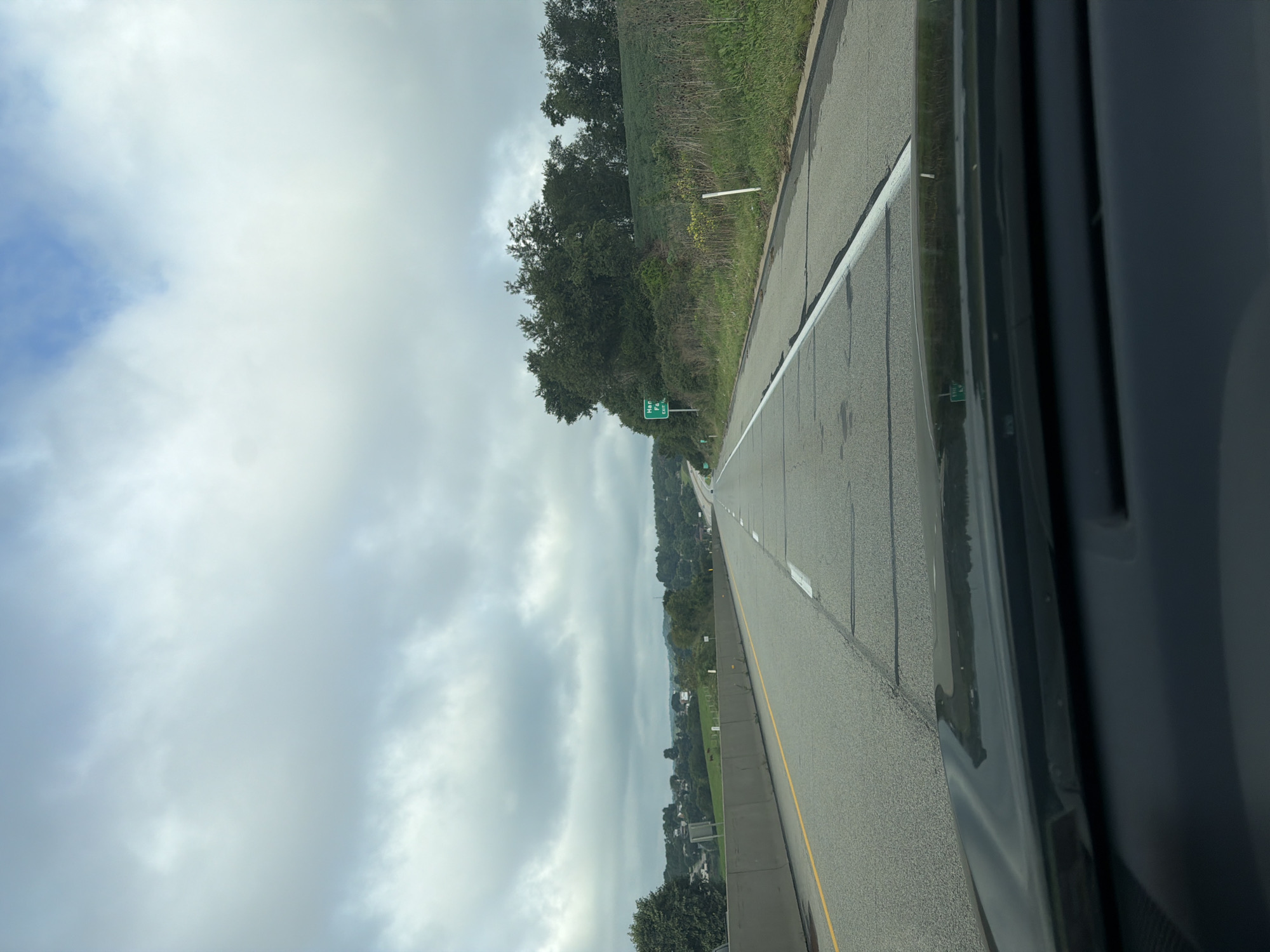 The image is a perspective shot from a vehicle driving on a highway. The highway stretches into the distance under a cloudy sky. The road has multiple lanes separated by white and yellow lines. On the right side of the road, there is a green sign with white lettering that reads "HANN." and "EXIT 14". Beyond the sign, there are trees and a field. On the left side of the road, there is a concrete barrier and a grassy embankment. In the distance, there are houses and more trees, suggesting a suburban or rural environment. The overall scene is an overcast day with muted colors.