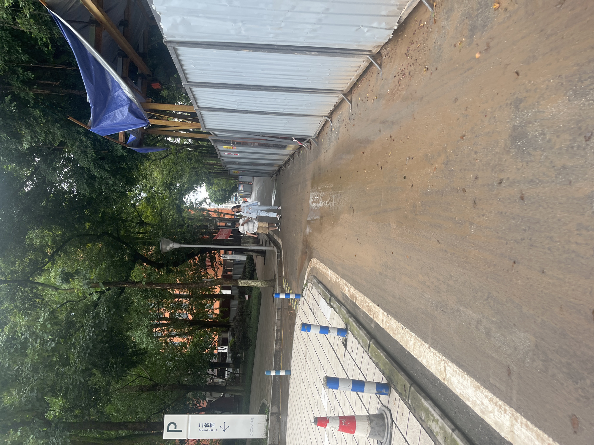 The image depicts a street scene in Yuzhong District, China, with two individuals walking on a wet, muddy path. To the left of the path is a sidewalk with patterned tiles and a curb, lined with blue and white striped bollards and a red and white traffic cone. A white pole with a blue "P" symbol and Chinese characters is also visible on the left. The right side of the path is bordered by a tall, corrugated metal fence, part of a construction site covered by a blue tarp. Trees with dense green foliage line the left side of the path, and buildings with orange brick facades are visible behind them. The sky is overcast.