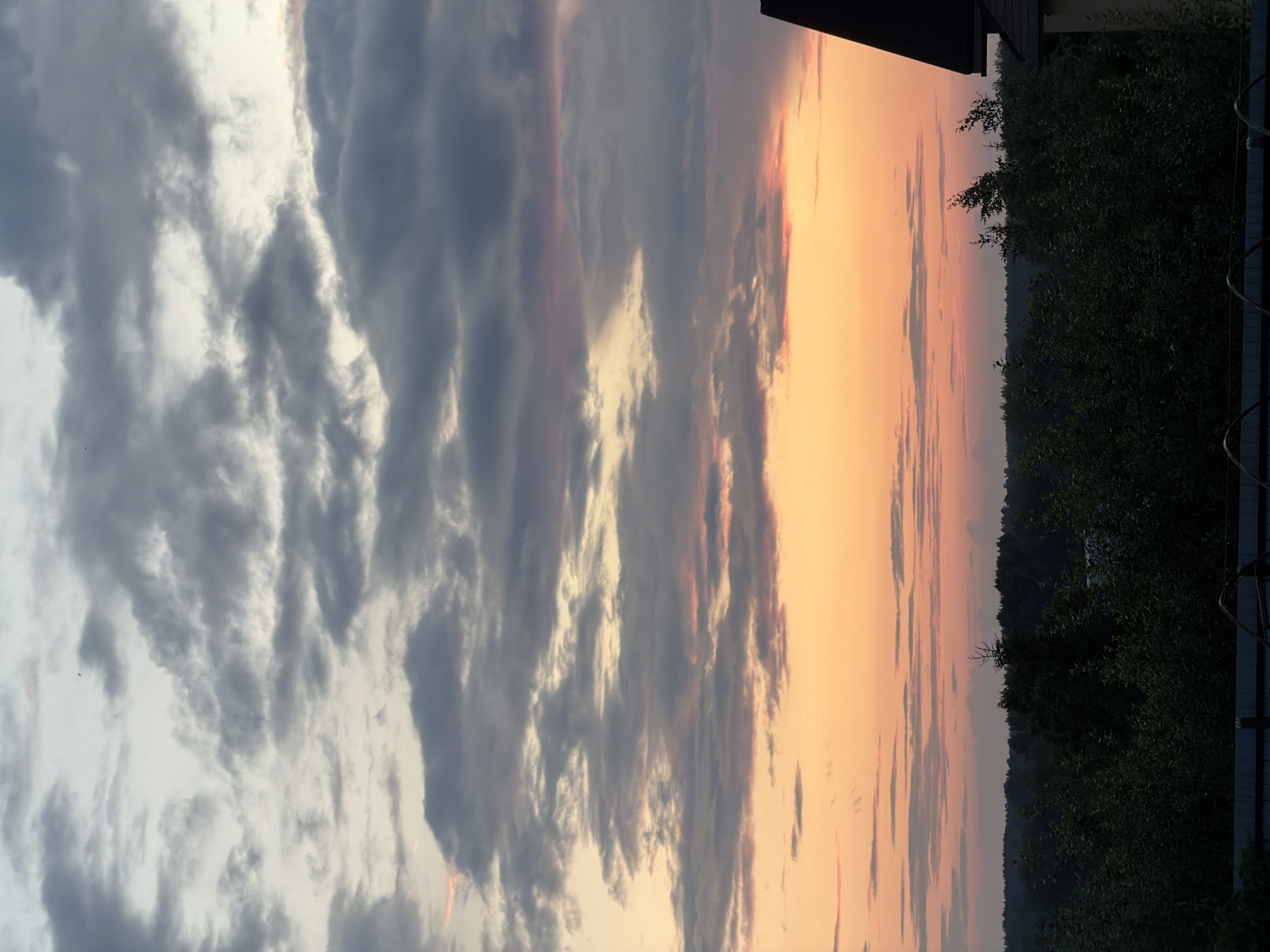 A wide-angle, vertical shot captures a sunset over a rural landscape near Chaikovsky, Russia. The sky is dominated by clouds, with a gradient of warm orange and pink hues near the horizon, transitioning to cooler grays and blues overhead. A dense line of dark green trees forms the middle ground, separating the sky from a foreground occupied by a dark fence and the side of a building with a dark roof. The overall impression is one of twilight.
