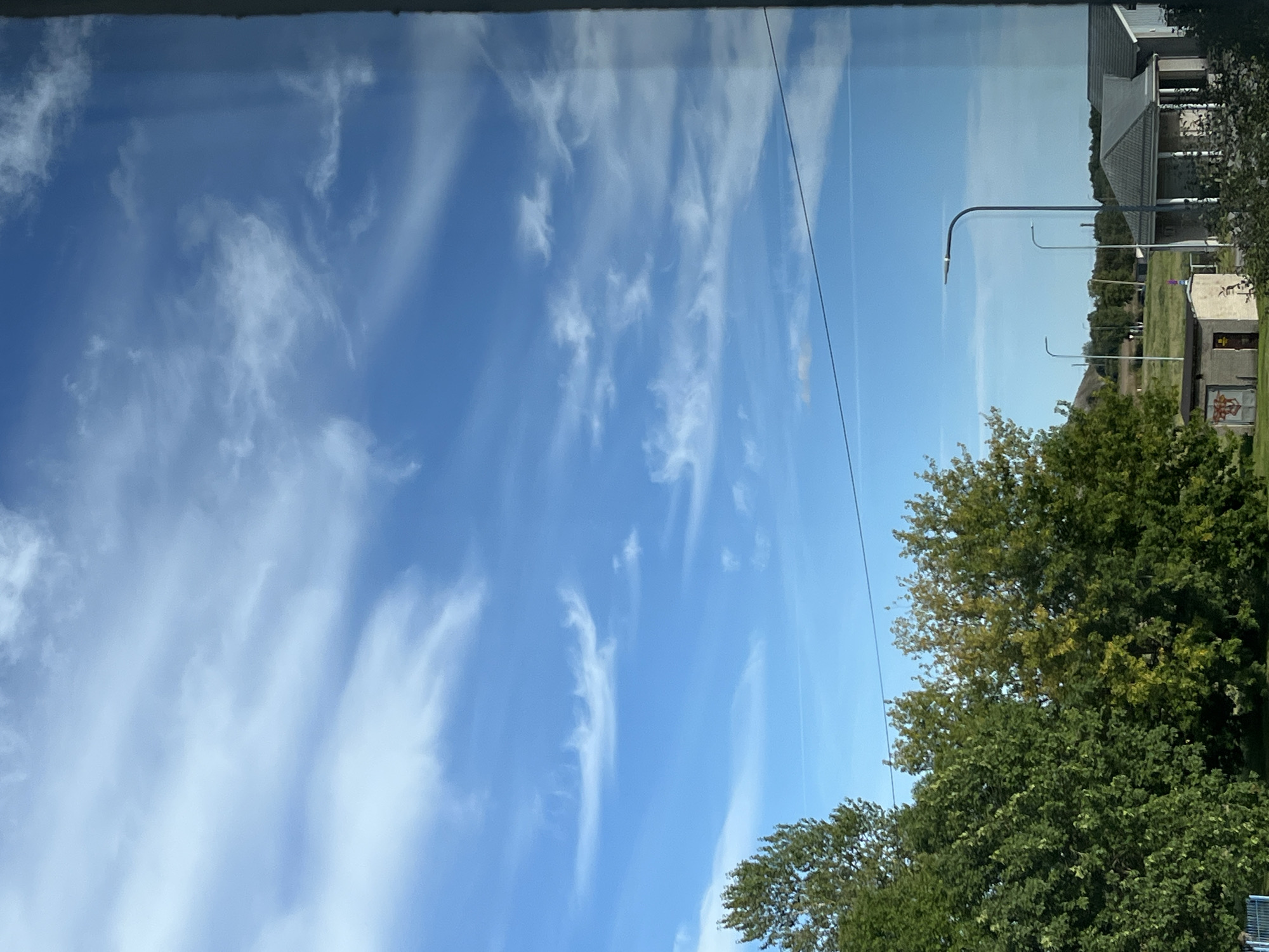 The image depicts a scene from the city of Kohtla-Järve linn, Estonia, characterized by a bright blue sky with wispy white clouds. In the foreground, a cluster of trees with lush green foliage dominates the left side of the frame. To the right, a small, low-rise building with a gray roof is visible, adjacent to a smaller, simpler structure with graffiti on its wall. Streetlights with curved poles are strategically placed in the mid-ground. The background shows a gentle slope of land covered in greenery, with more trees and distant structures. The overall impression is a serene, possibly suburban or semi-rural, environment under a clear sky.