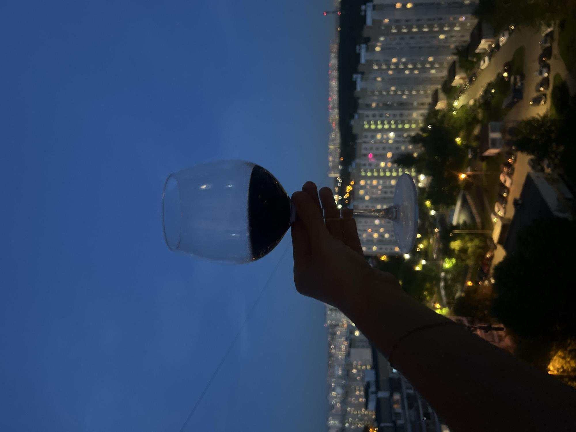 A tilted, low-angle medium shot features a wine glass held in a person's hand against an evening cityscape. The wine glass is partially filled with a dark liquid, likely red wine. The background reveals a dense urban landscape with high-rise buildings illuminated by numerous lights, suggesting an evening setting. The image appears to have been taken from a high vantage point, possibly a balcony or rooftop. The location is possibly in Moscow, Russia, considering the architectural style of the buildings. The sky is a deep blue, typical of dusk or night. The hand holding the glass is lightly tanned and wears a subtle bracelet. Below the glass is a cluster of rooftops, vegetation, and dimly lit streets, further confirming the urban setting.